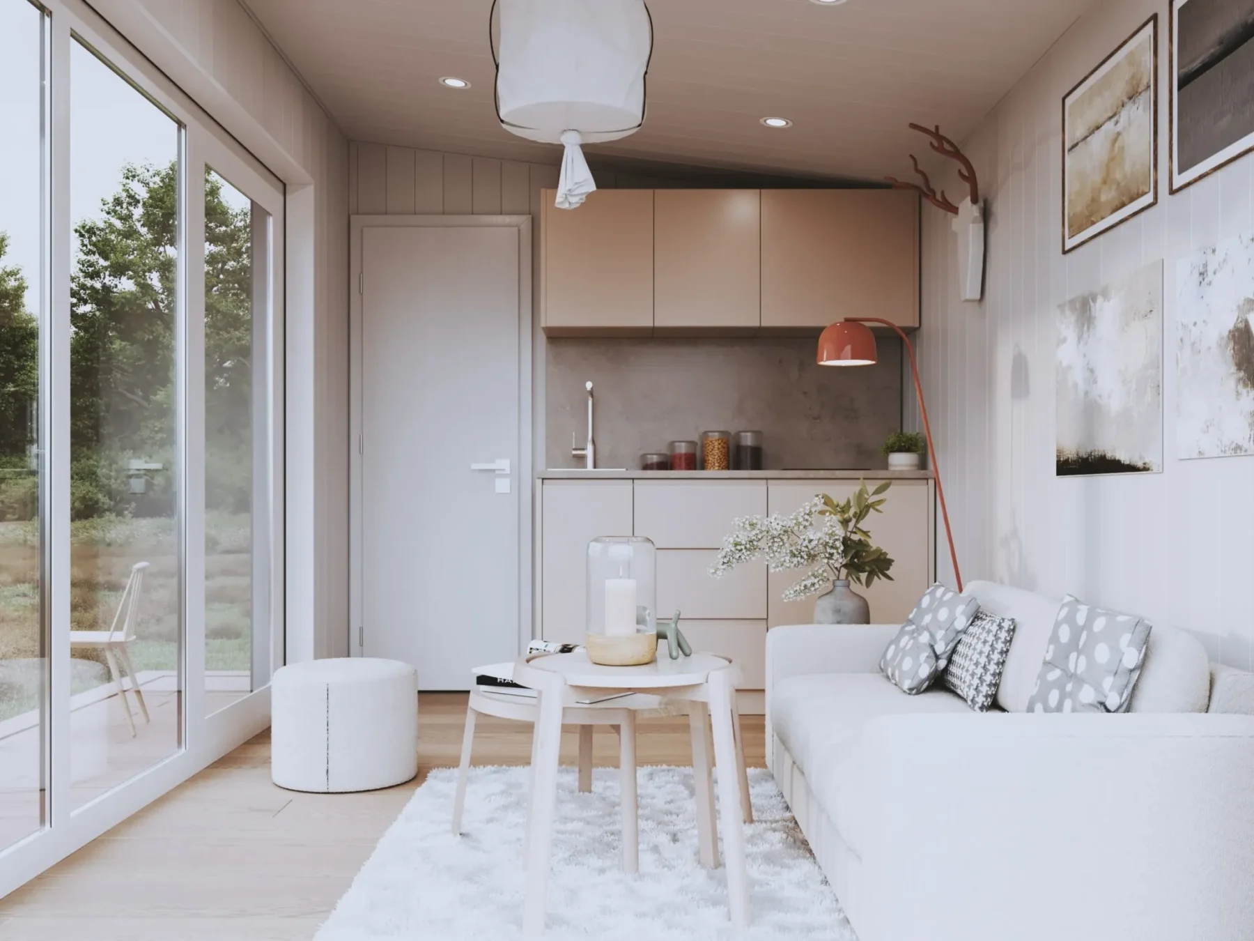 Friggebod_Pulpet_15.1_Interiør_kjøkken_stue_sofa_parkett_spotslys