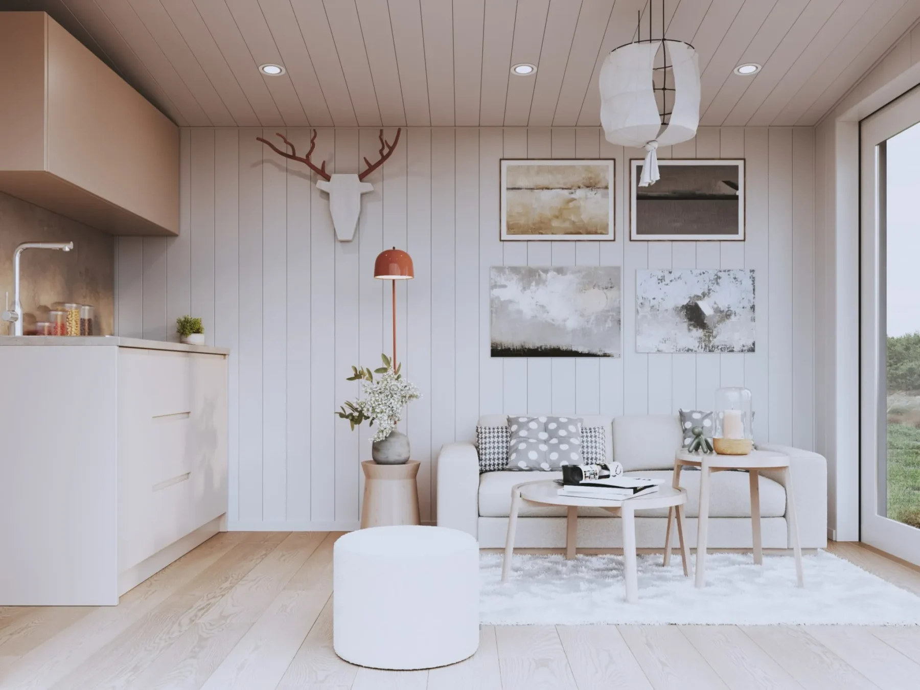 Friggebod_Pulpet_15.1_Interiør_stue_kjøkken_sofa_parkett_spotslys_vinduer