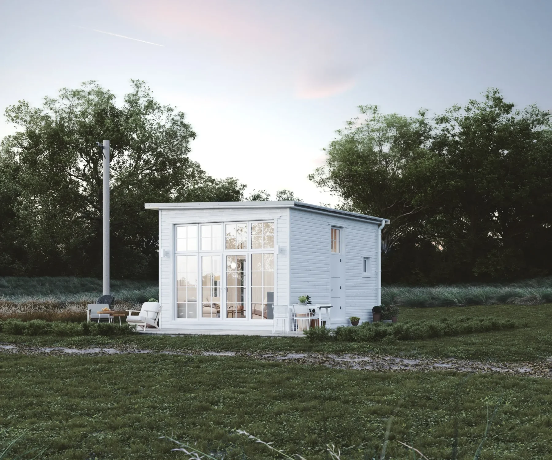 Helårsbolig_Pulpet_30.4_Eksteriør_hvit_fasade_liggende_panel_store_vinduer_sprosser_altan