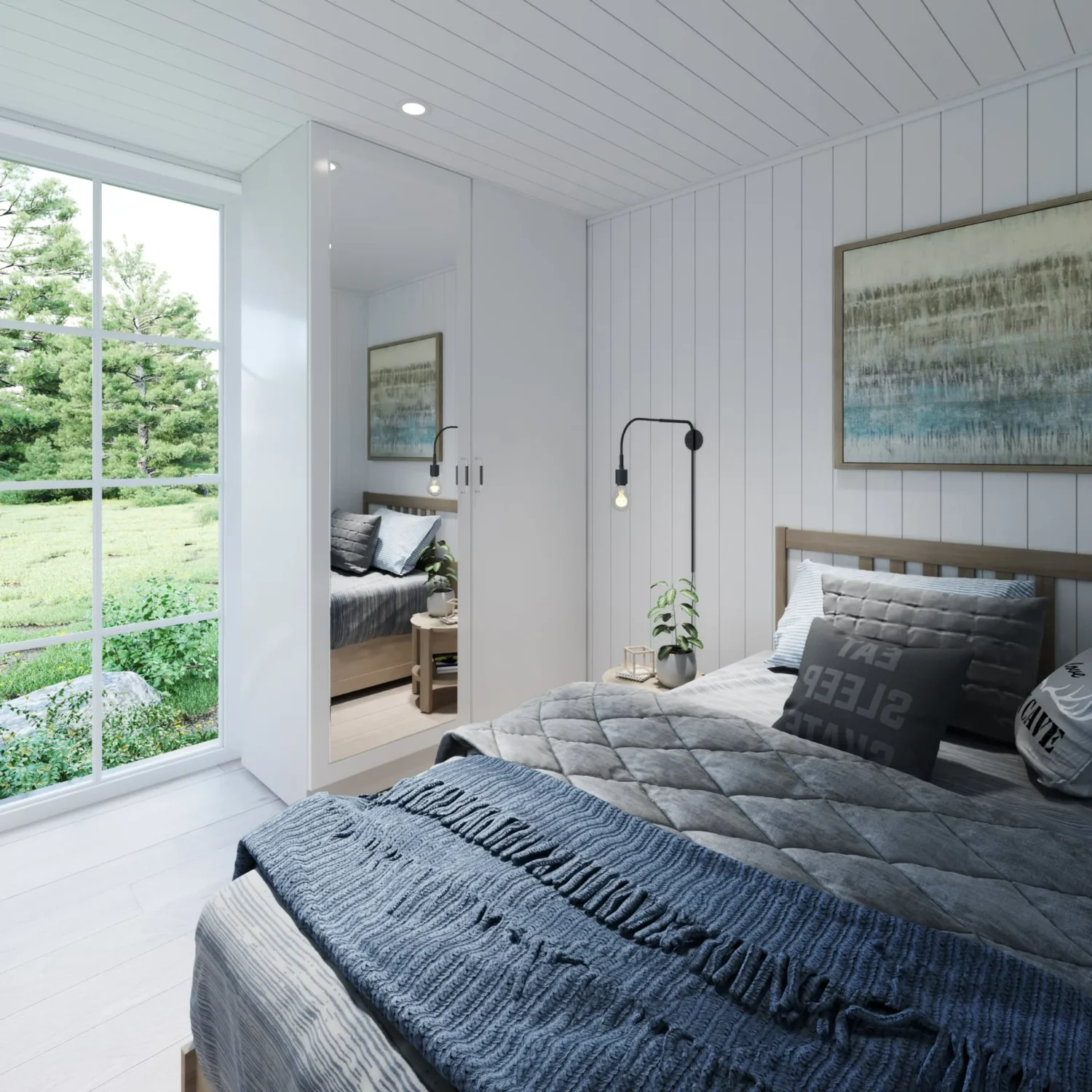 Microhus_Pulpet_30.4_Interiør_soverom_garderobe_speil_sprosser