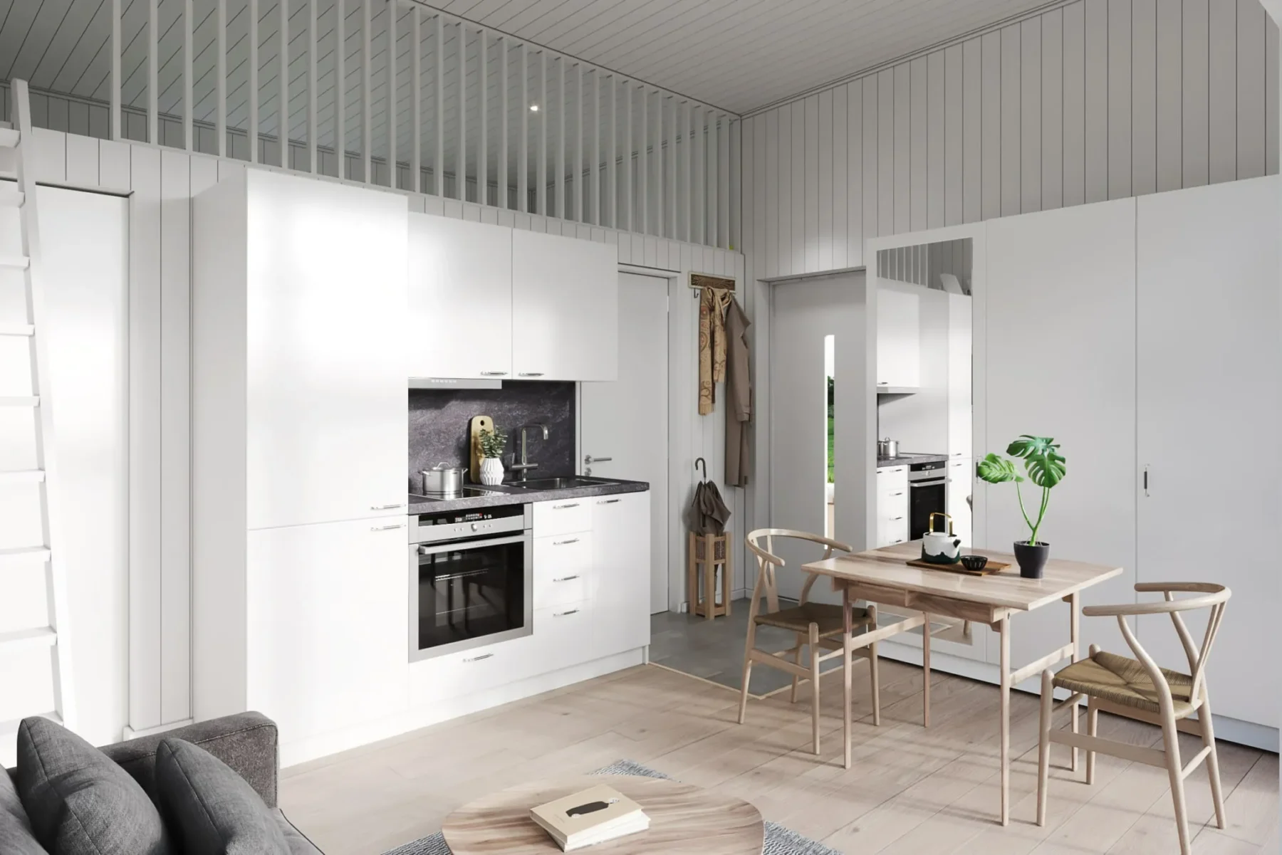 Microhus_Pulpet_30.4_Interiør_stue_kjøkken_entré_loft