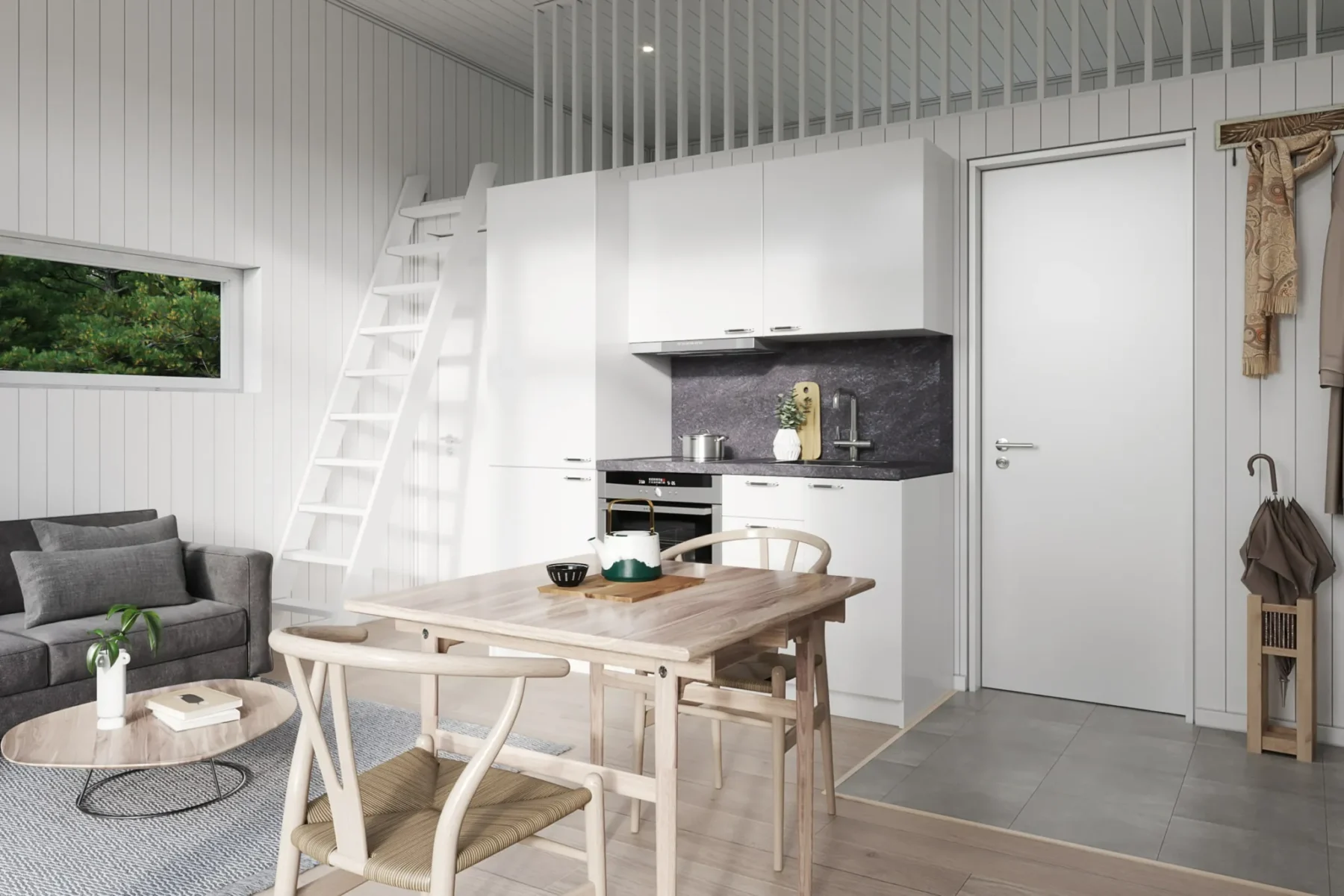 Microhus_Pulpet_30.4_Interiør_stue_kjøkken_stige_loft