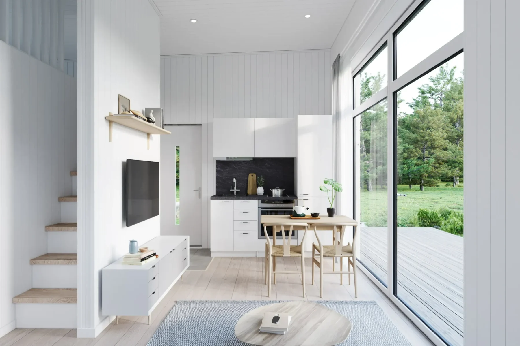 Microhus_Pulpet_30.4_Interiør_stue_kjøkken_trapp_skyvedører_altan