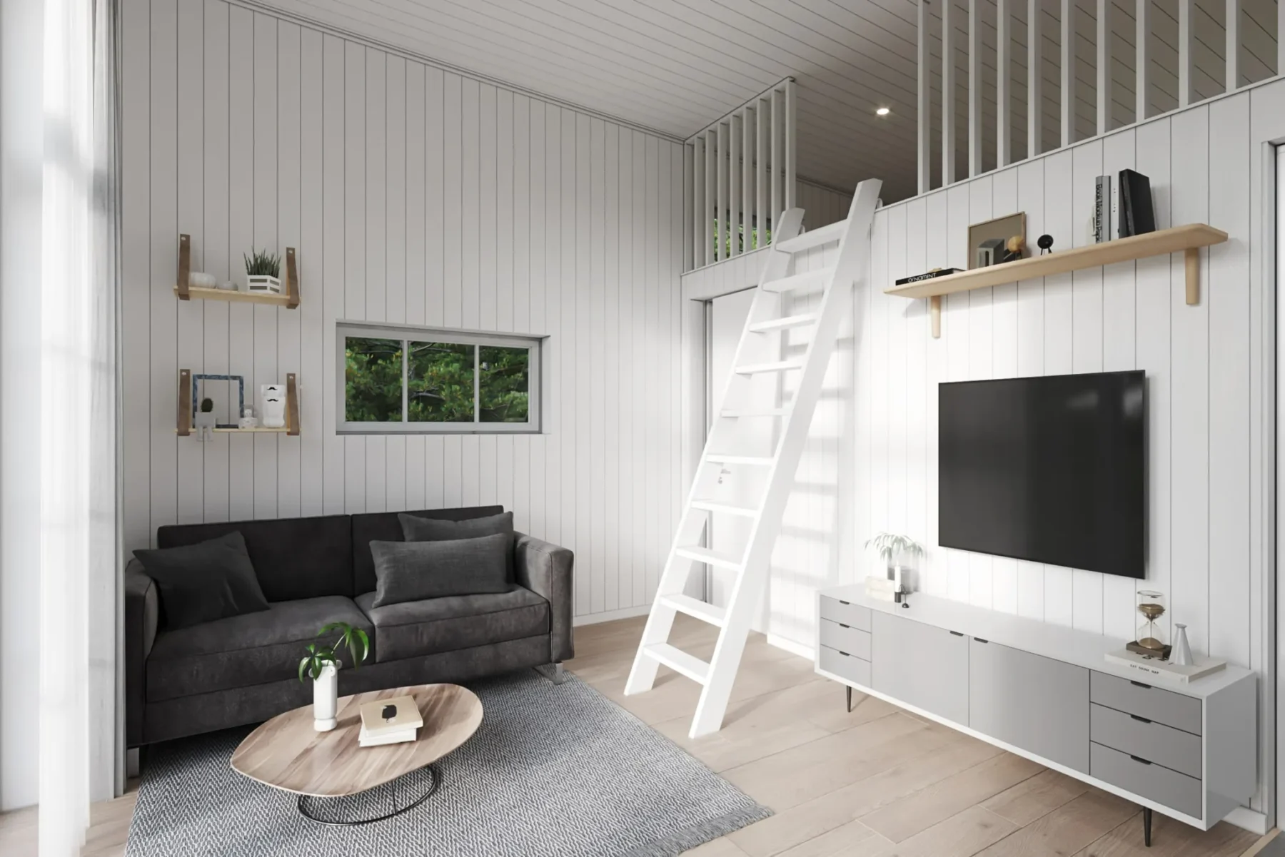 Microhus_Pulpet_30.4_Interiør_stue_stige_loft