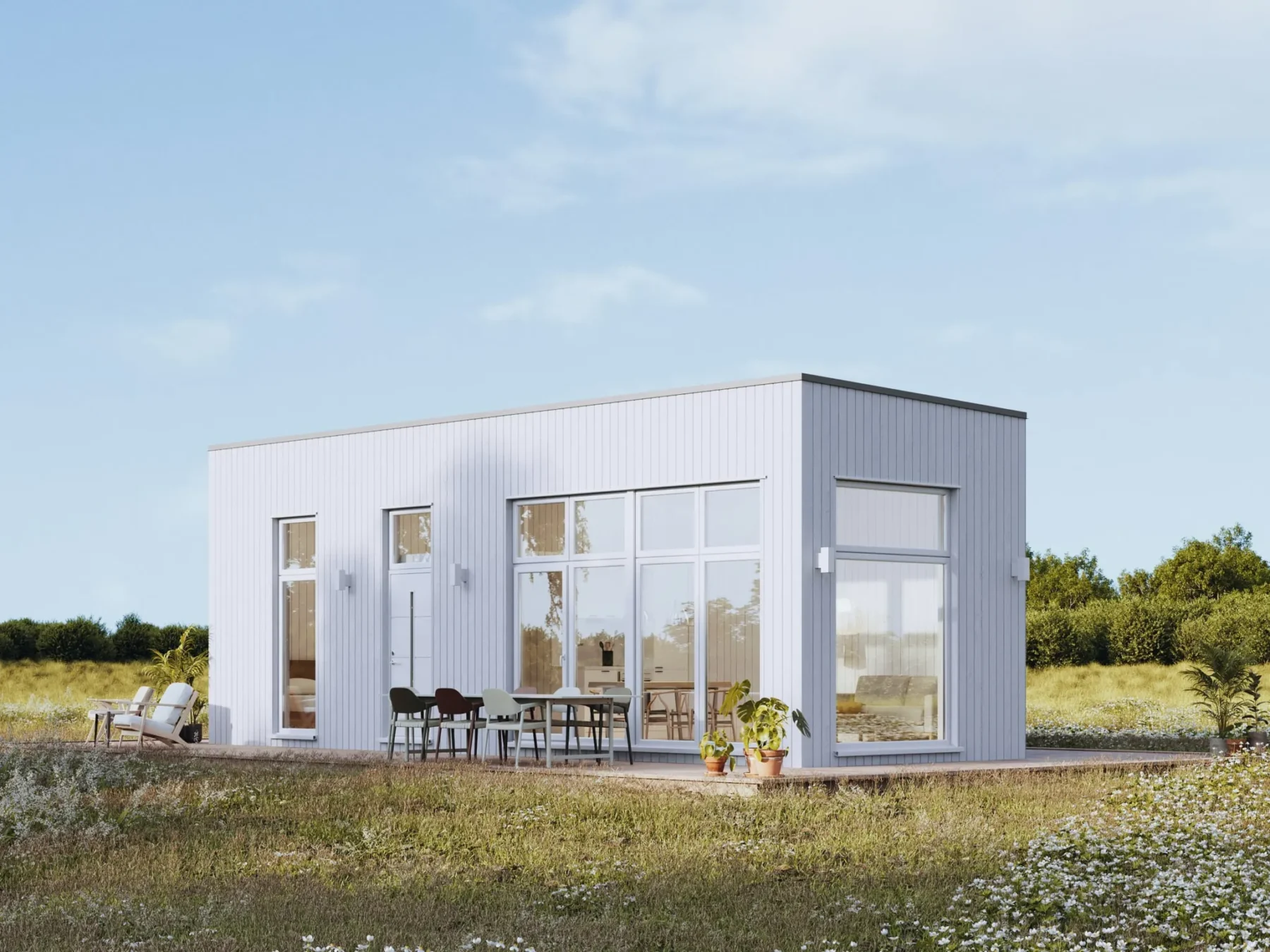 Helårsbolig_Pulpet_40.1_Eksteriør_Hvit_fasade_stående_panel_hvit_ytterdør_vindu_altan