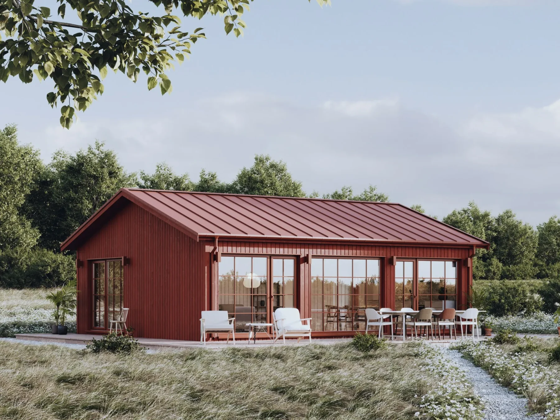 Helårsbolig_Klassisk_60.2_Eksteriør_Falurød_fasade_liggende_panel_store_vinduer_sprosser_altan_platetak