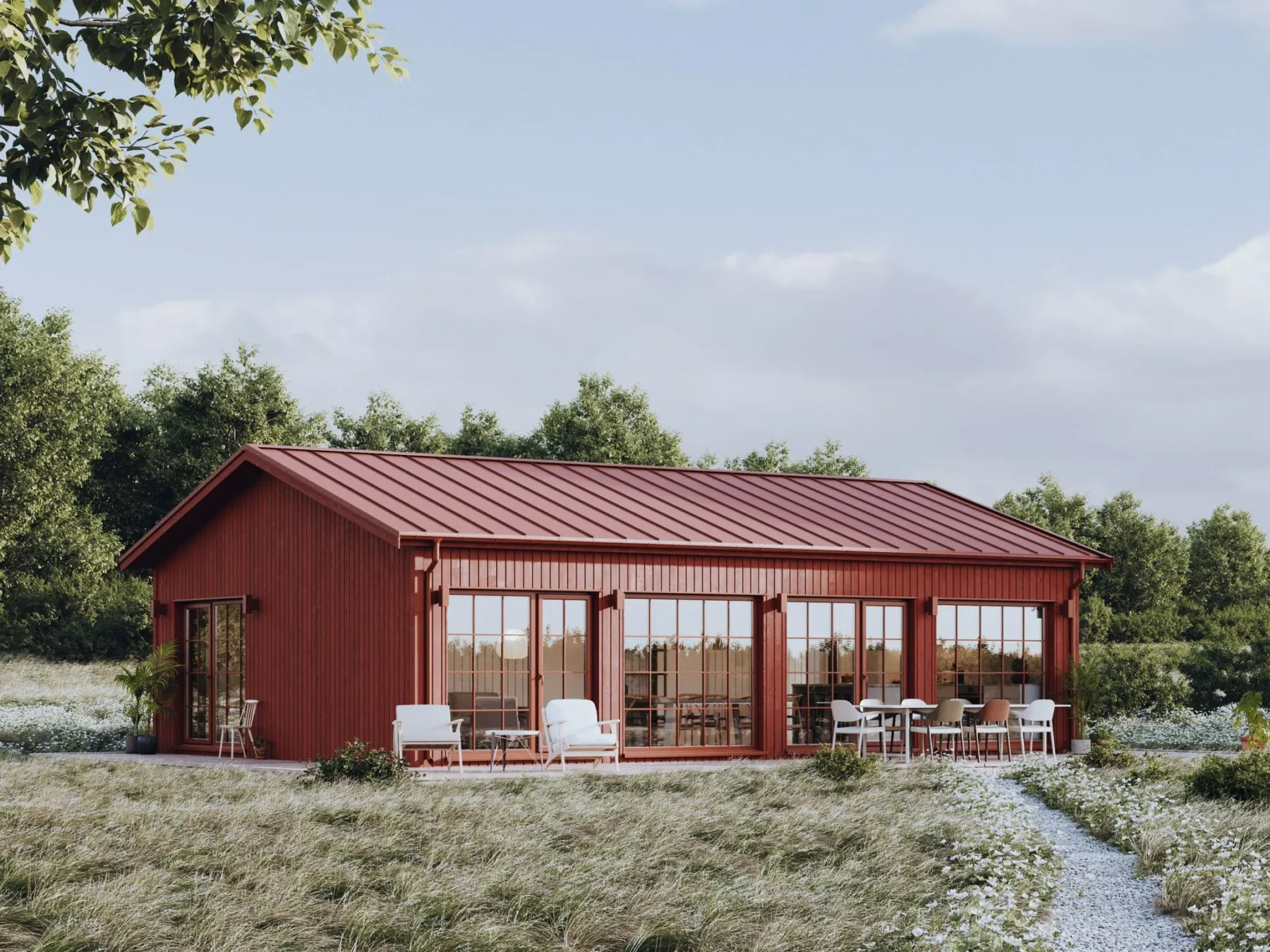 Helårsbolig_Klassisk_80.2_Exterior_Falurød_fasad_stående_panel_store_vinduer_sprosser_terasse_platetak