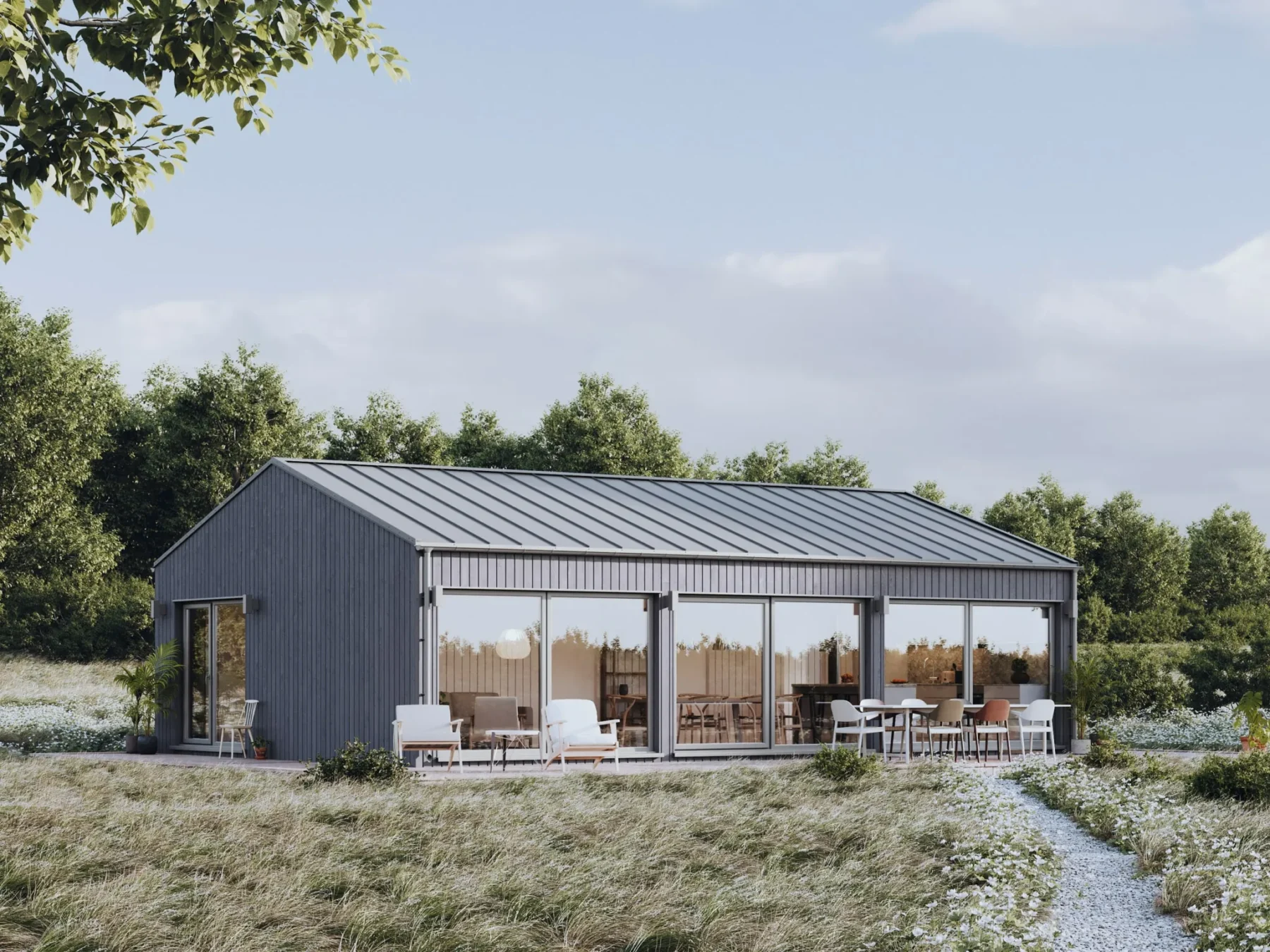 Helårsbolig_Klassisk_80.2_Exterior_grå_fasad_stående_panel_store_vinduer_terasse_platetak