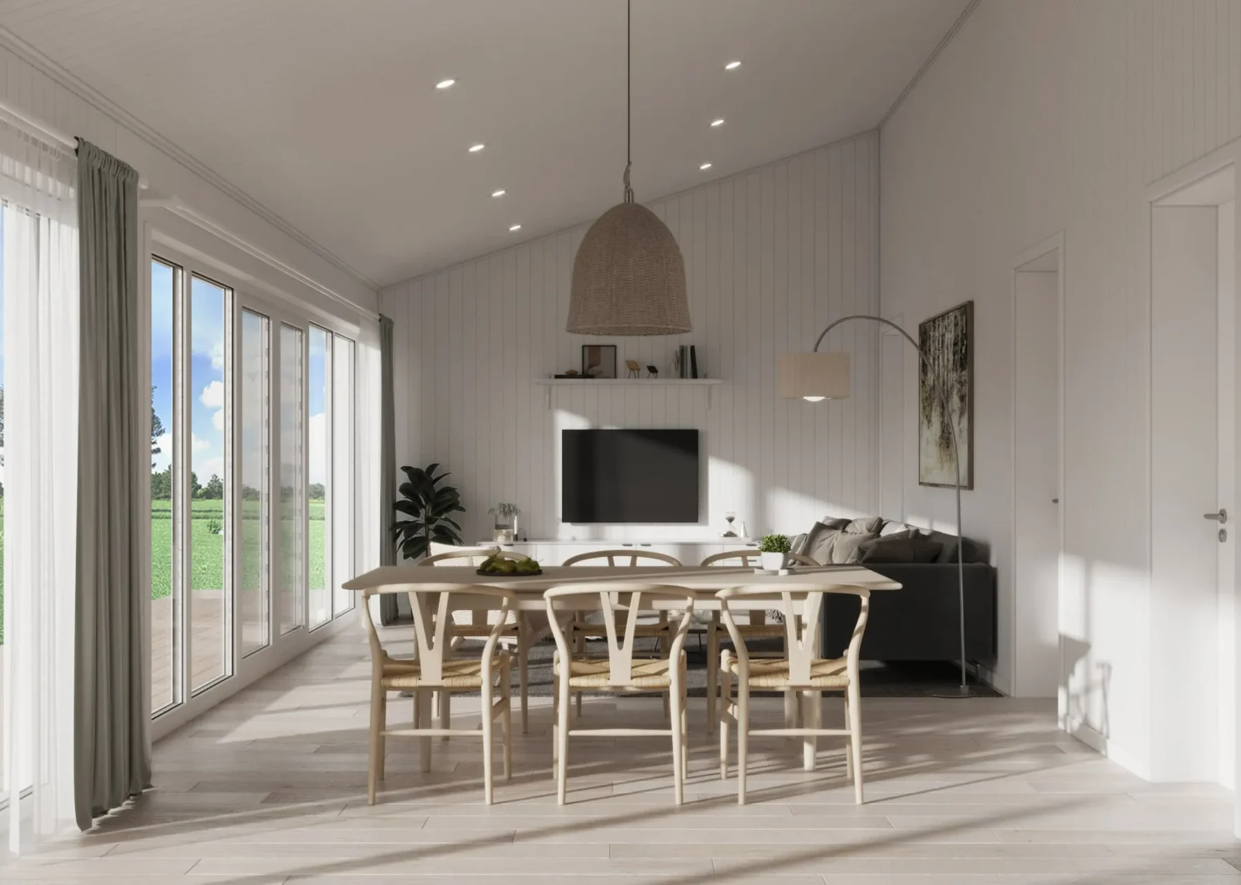 Helårsbolig_Klassisk_80.2_Interior_stue_spisestue_skyvedør_parkett