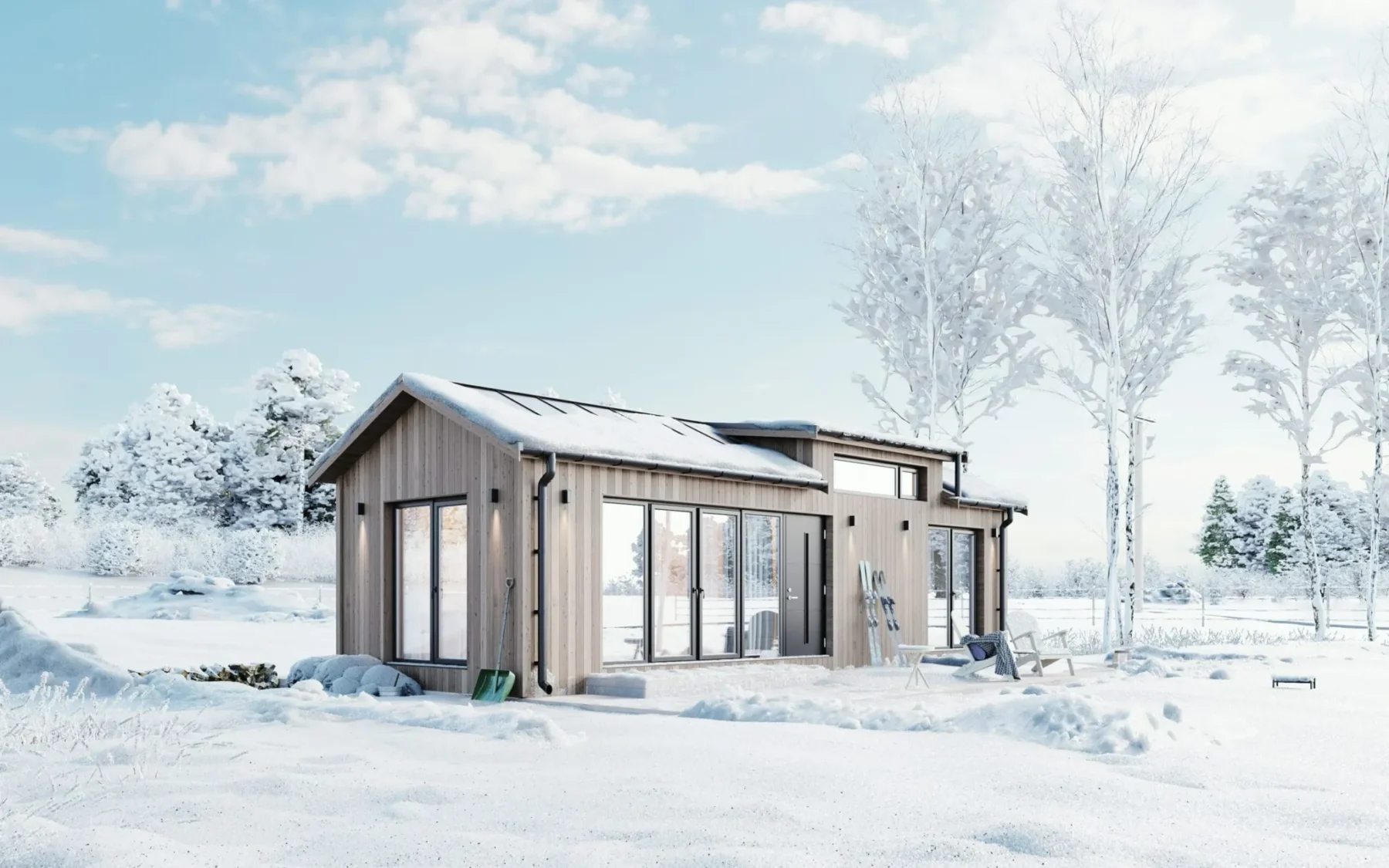 Helårsbolig_Klassisk_rak_40.1_Exterior_Jernvitriol_fasad_stående_panel_svart_ytterdør_vinduskupol_platetak_terasse_vinter