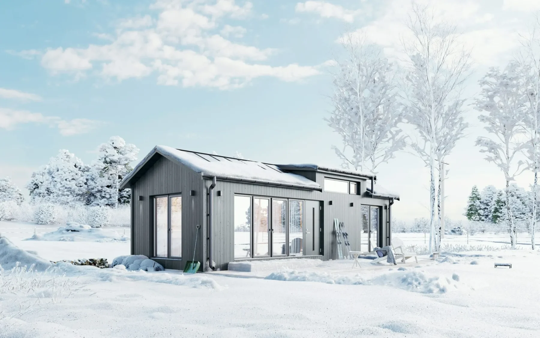 Helårsbolig_Klassisk_rak_40.1_Exterior_grå_fasad_stående_panel_grå_ytterdør_vinduskupol_platetak_terasse_vinter