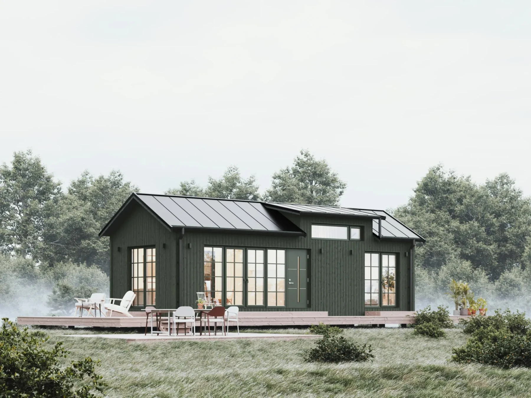 Helårsbolig_Klassisk_rak_40.1_Exterior_grønn_fasad_stående_panel_grønn_ytterdør_vinduer_sprosser_kupol_platetak_terasse