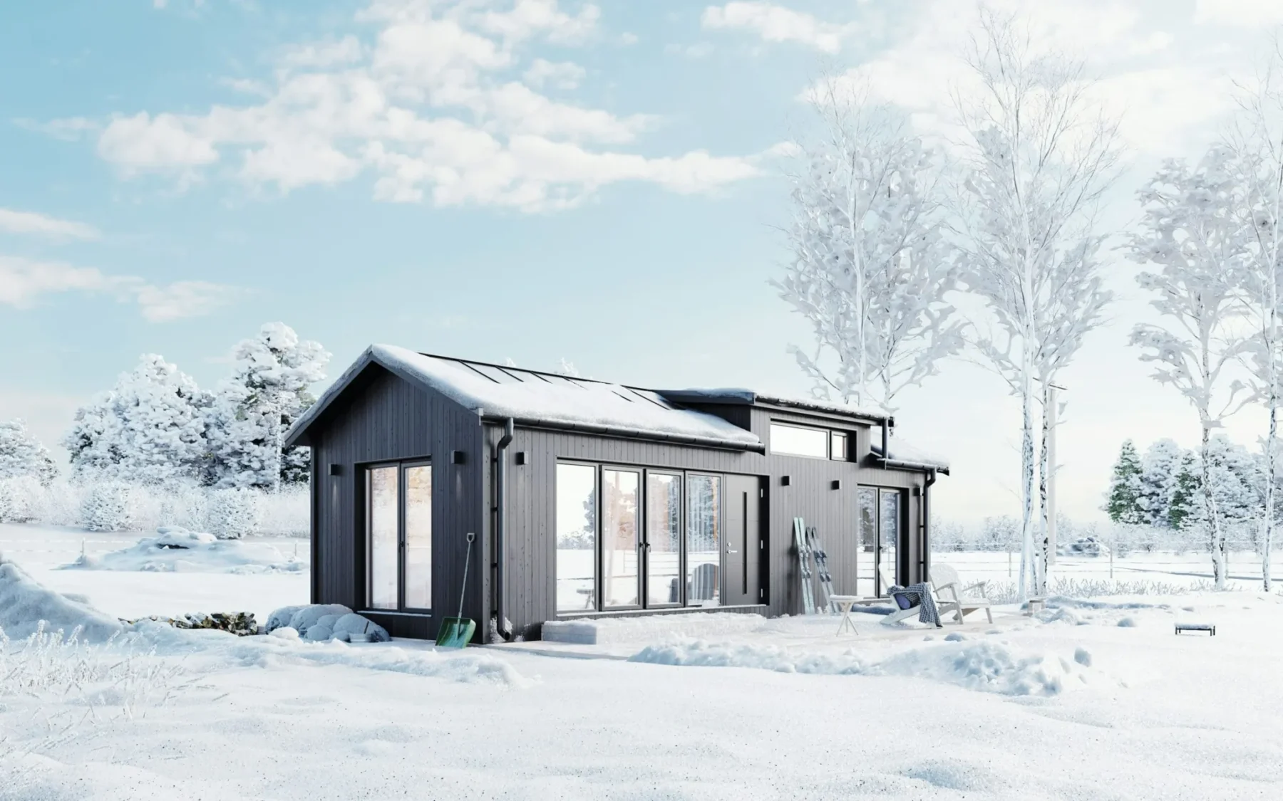 Helårsbolig_Klassisk_rak_40.1_Exterior_svart_fasad_stående_panel_svart_ytterdør_vinduskupol_platetak_terasse_vinter