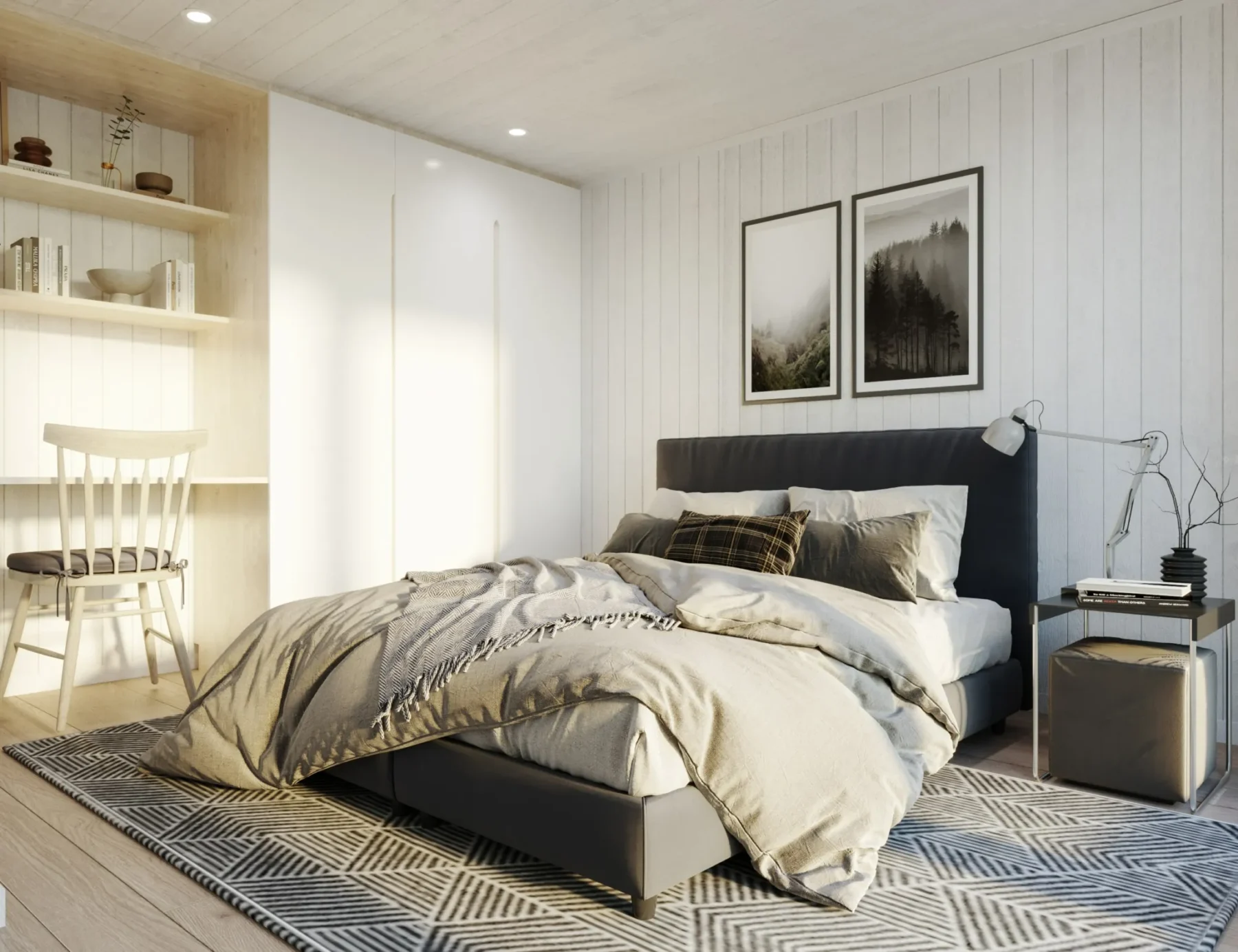 Helårsbolig_Klassisk_rak_40.1_Interior_soverom_innebygd_skrivebord_stor_seng_spotlights