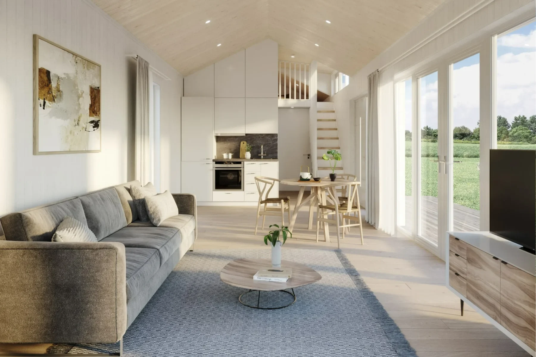 Helårsbolig_Klassisk_rak_40.1_Interior_stue_kjøkken_stue_trapp_loft_terasse