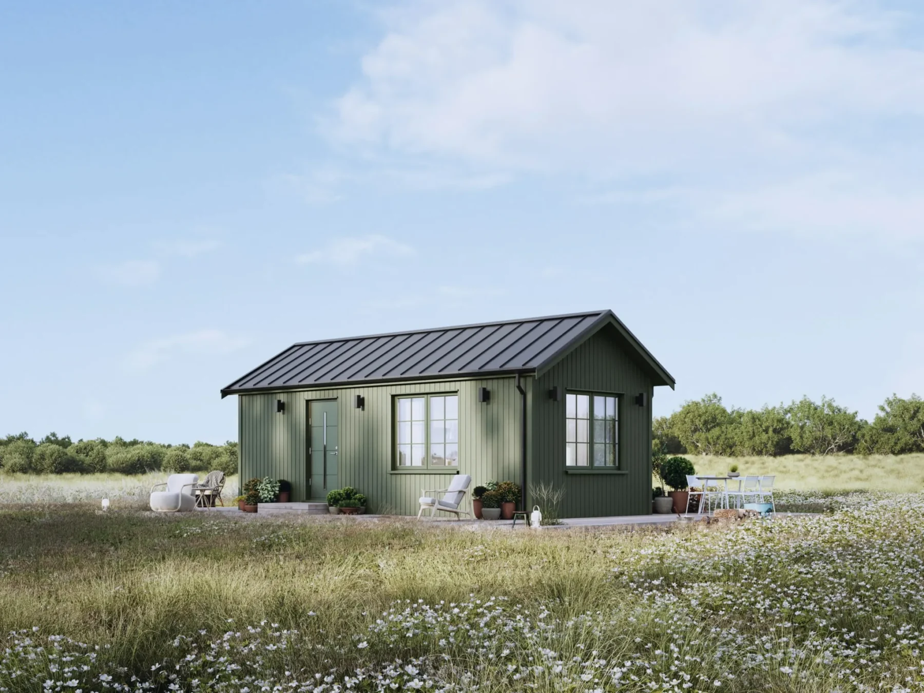 Mikrohus_Klassisk_30.2_Eksteriør_Skoggrønn_fasade_stående_panel_grønn_ytterdør_vinduer_sprosser_veranda