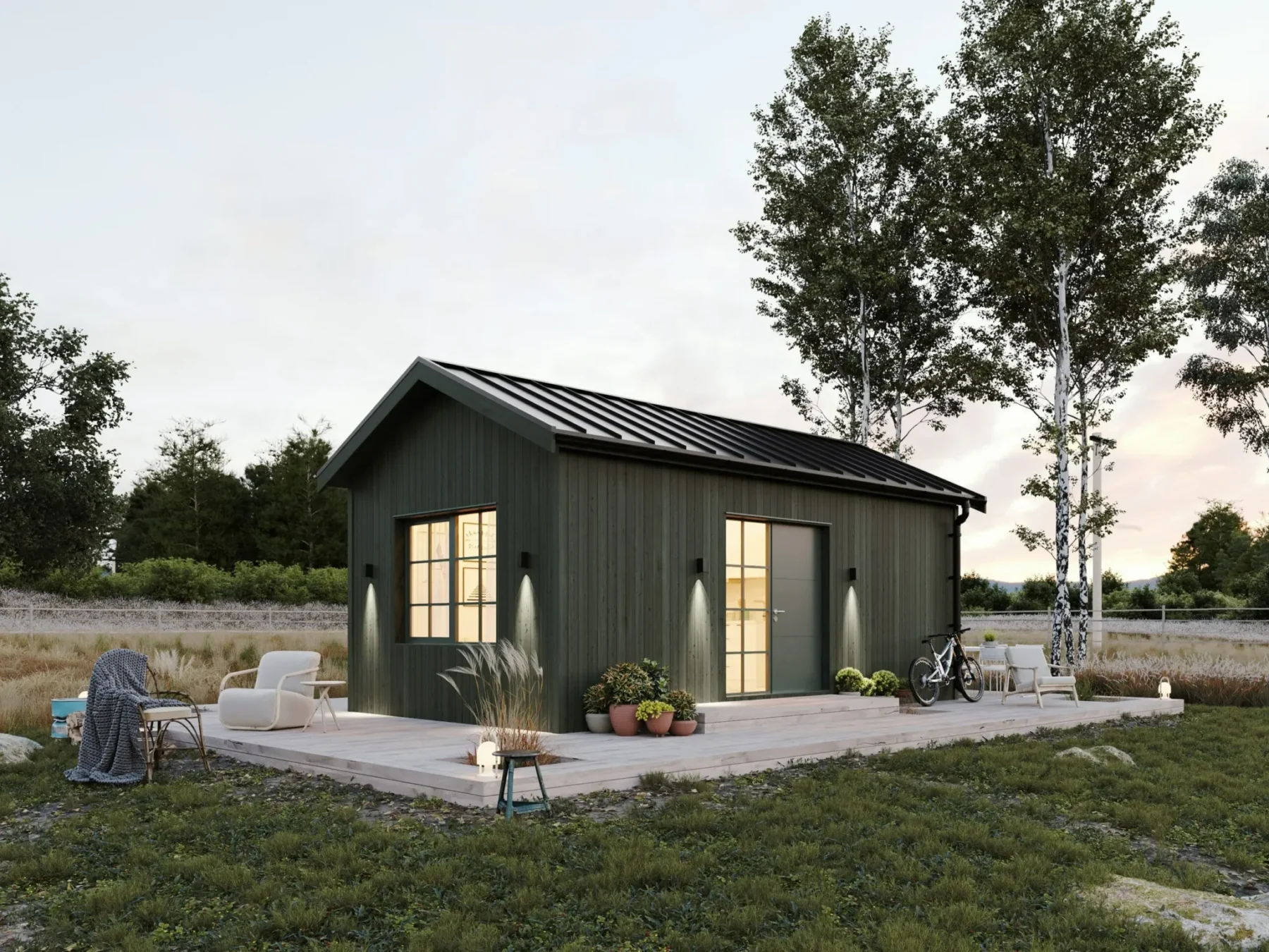 Mikrohus_Klassisk_30.3_Eksteriør_grønn_fasade_stående_panel_grønn_ytterdør_vinduer_terrasse_platetak_kveld