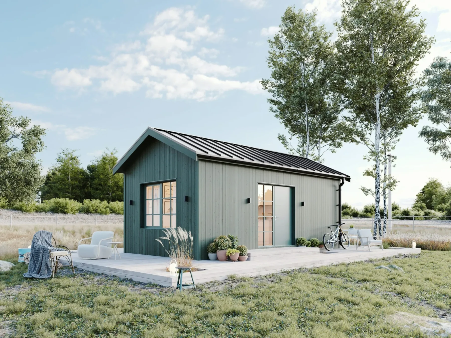 Microhus_Klassisk_30.3_Eksteriør_grønn_fasade_stående_panel_grønn_ytterdør_vinduer_sprosser_terrasse_platetak