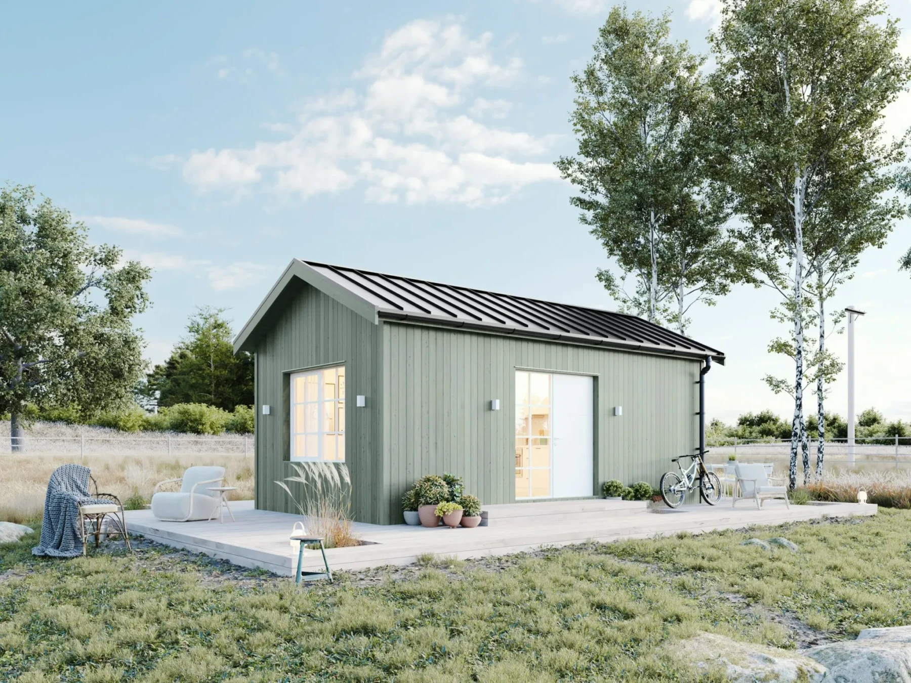 Microhus_Klassisk_30.3_Eksteriør_grønn_fasade_stående_panel_hvit_ytterdør_vinduer_sprosser_terrasse_platetak