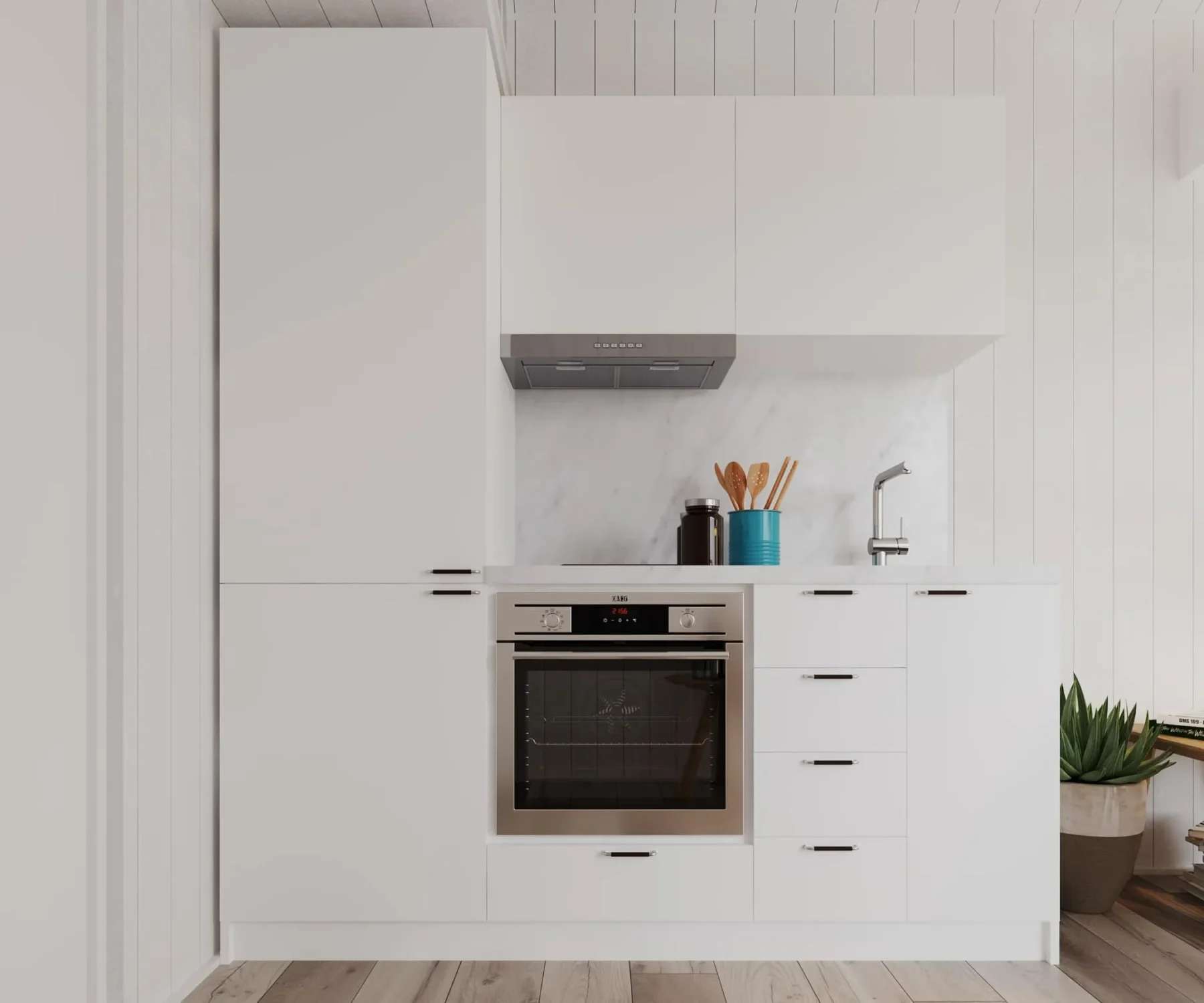 Microhus_Klassisk_KP1_Interiør_hvitt_kjøkken