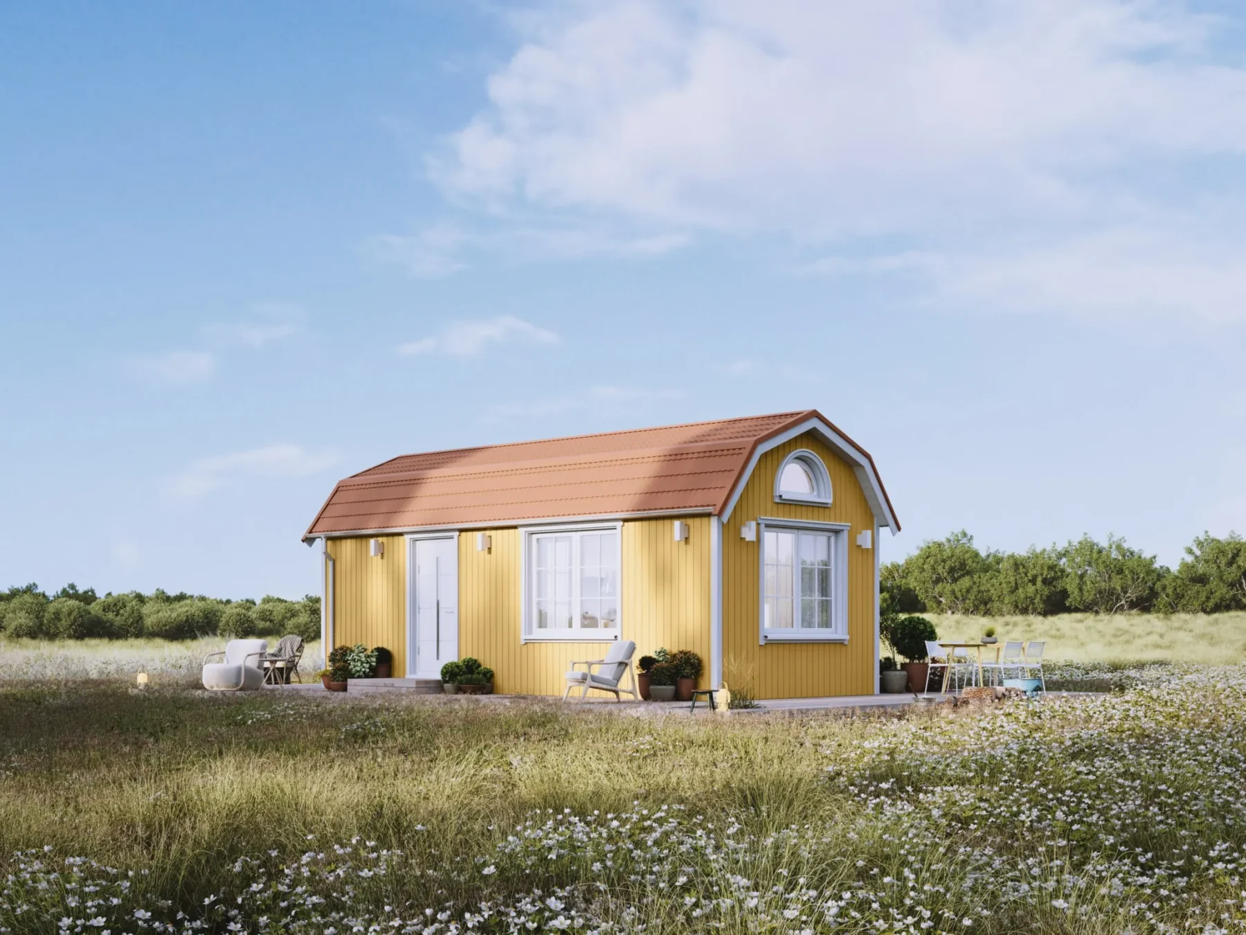 Mikrohus_Mansard_30.2m_Eksteriør_Sommergul_akrylmaling_fasade_stående_panel_hvit_ytterdør_vinduer_sprosser_blikktak_veranda