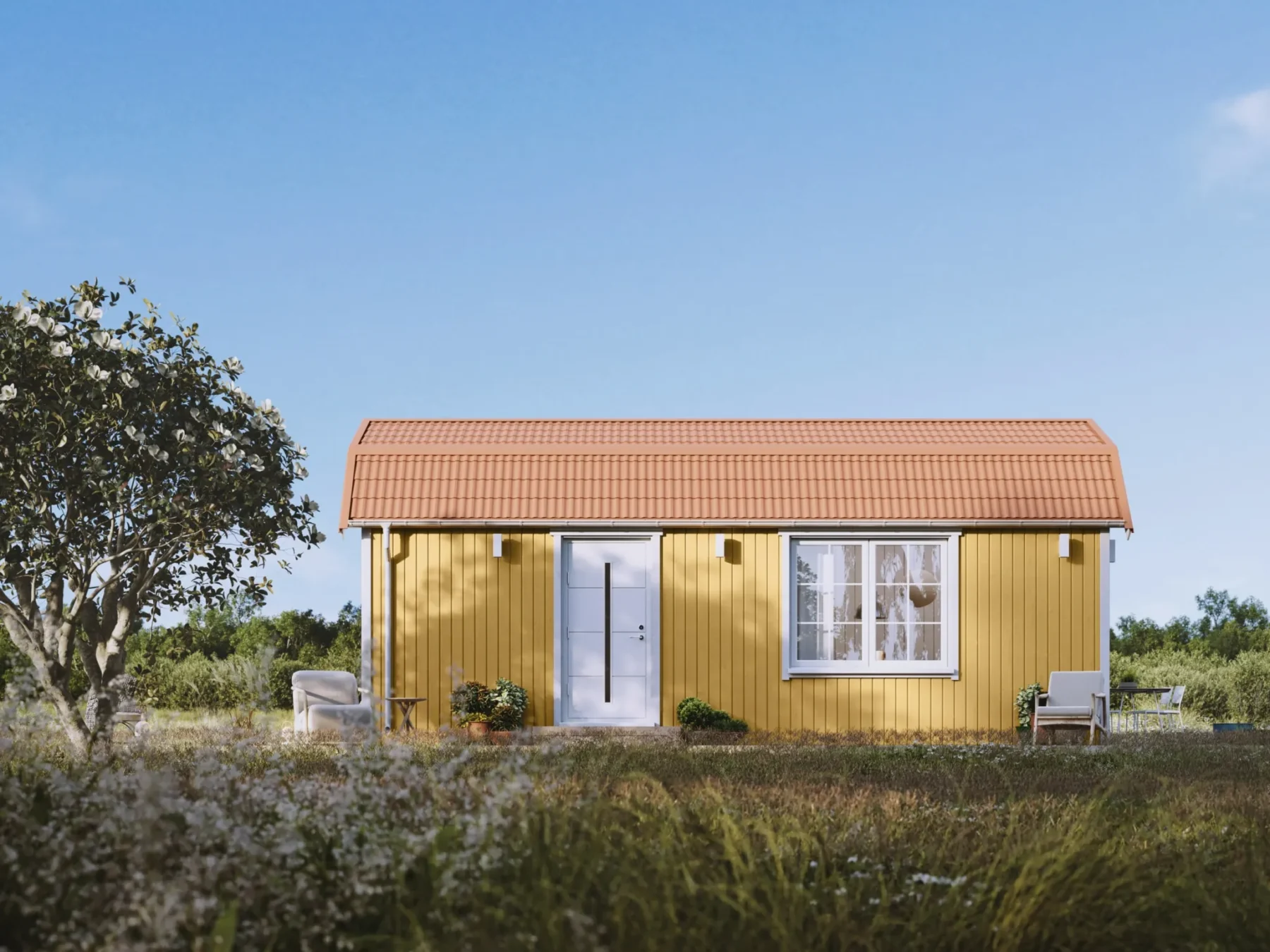 Mikrohus_Mansard_30.2m_Eksteriør_Sommergul_akrylmaling_fasade_stående_panel_hvit_ytterdør_vinduer_sprosser_blikktak_veranda