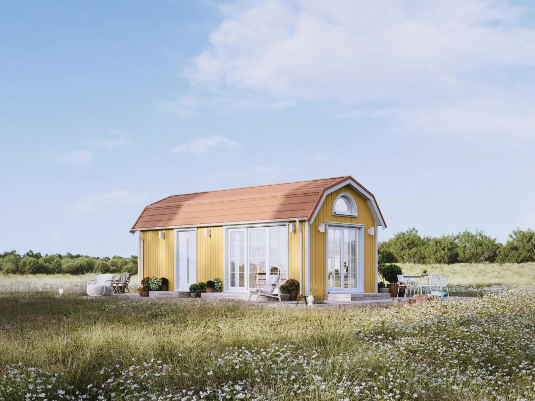 Mikrohus_Mansard_Panorama_30.2P_Eksteriør_Sommergul_akrylmaling_fasade_stående_panel_hvit_ytterdør_store_vinduer_sprosser_veranda_sprosser