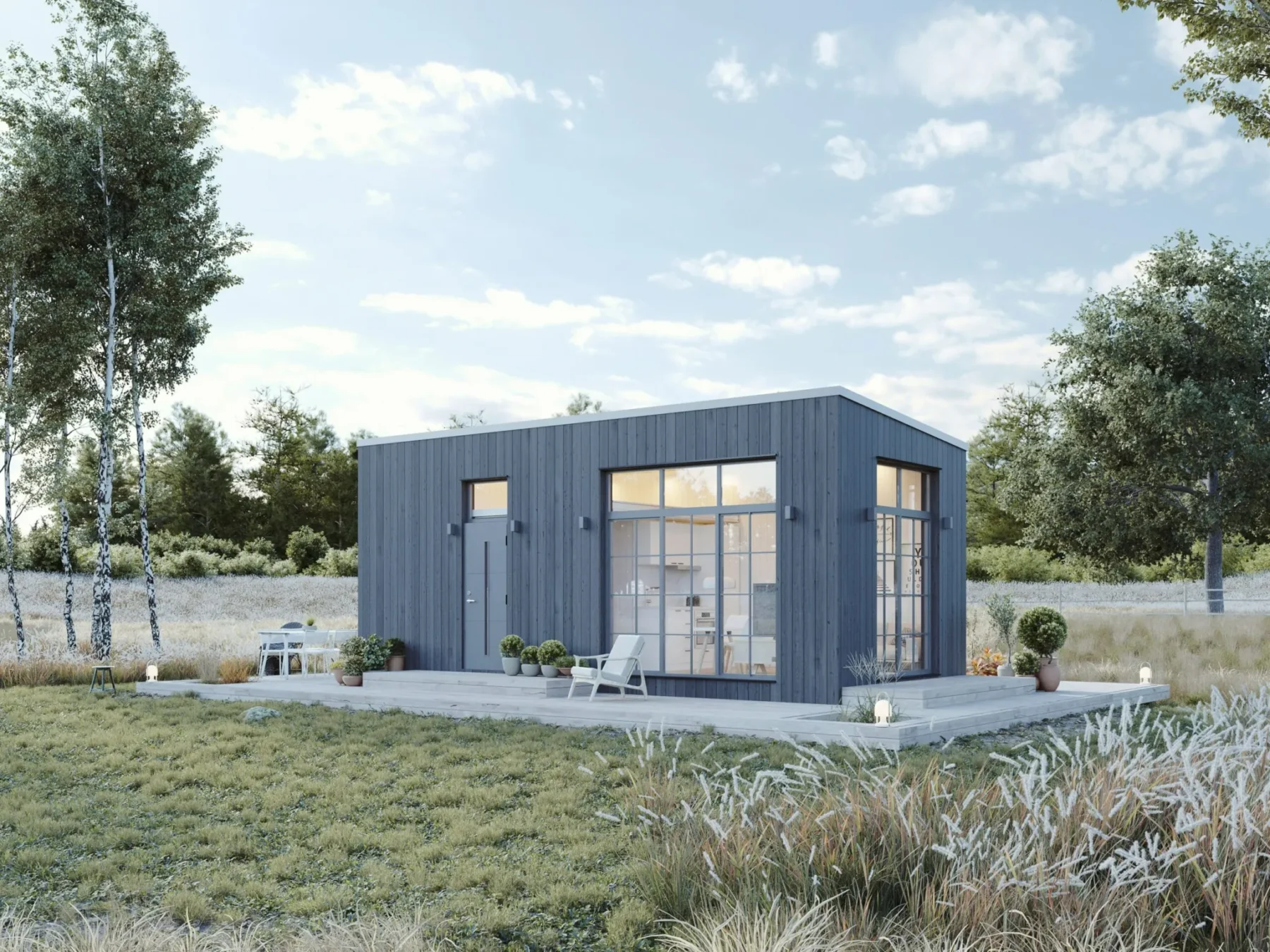 Microhus_Pulpet_30.2PP_utantakfot_grå_fasade_stående_panel_grå_ytterdør_vinduer_terrasse_store_vinduer_sprosser