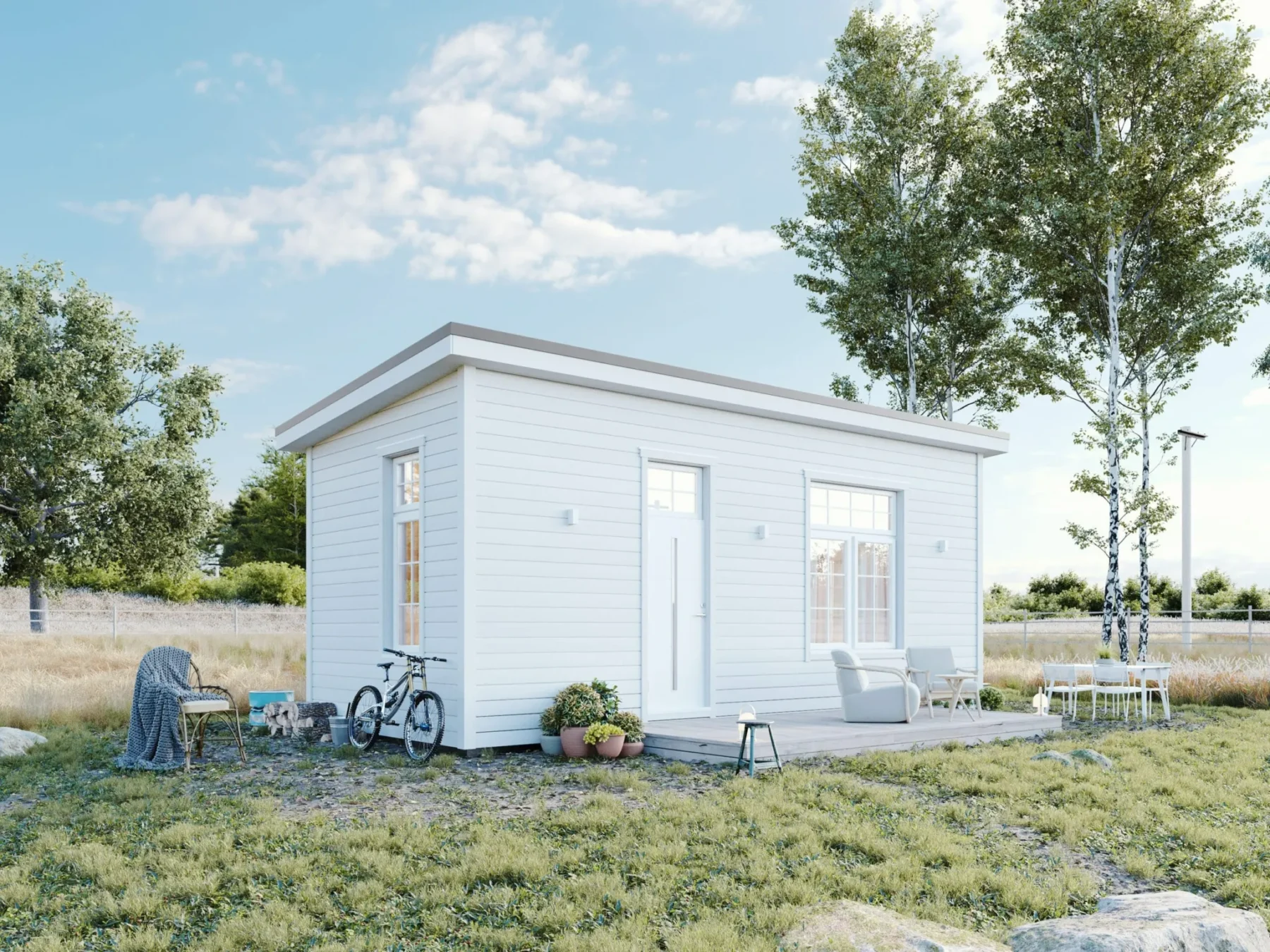 Mikrohus_Pulpet_Panorama_30.2P_Eksteriør_Hvit_fasade_liggende_panel_hvit_ytterdør_vinduer_sprosser_veranda