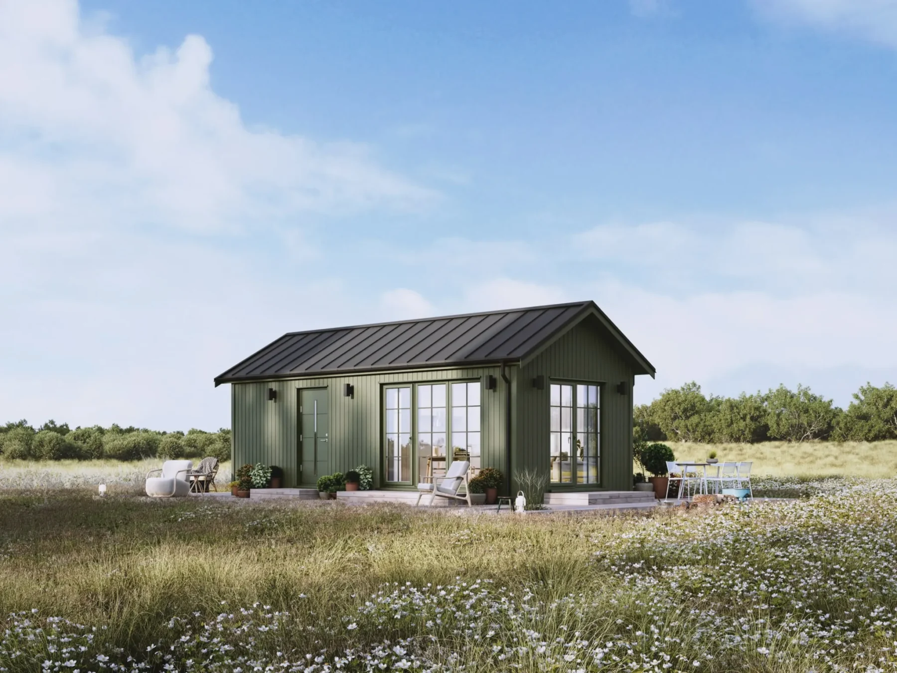 Mikrohus_Klassisk_Panorama_30.2KP_Eksteriør_grønn_fasade_stående_panel_sprosser_sort_platetak_veranda_grønn_ytterdør_vinduer