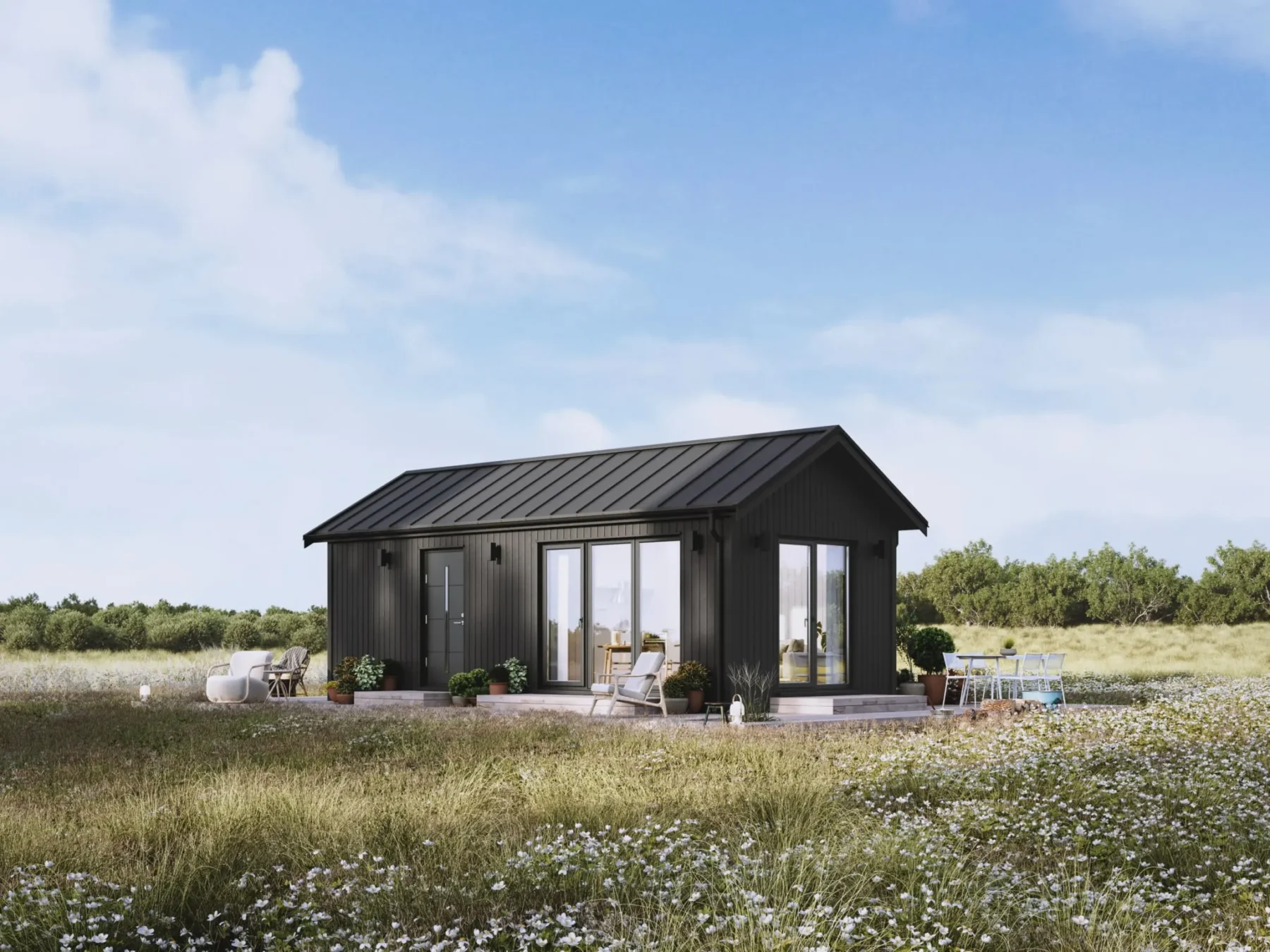 Mikrohus_Klassisk_Panorama_30.2KP_Eksteriør_grønn_fasade_stående_panel_sort_platetak_veranda_grønn_ytterdør_vinduer_siden