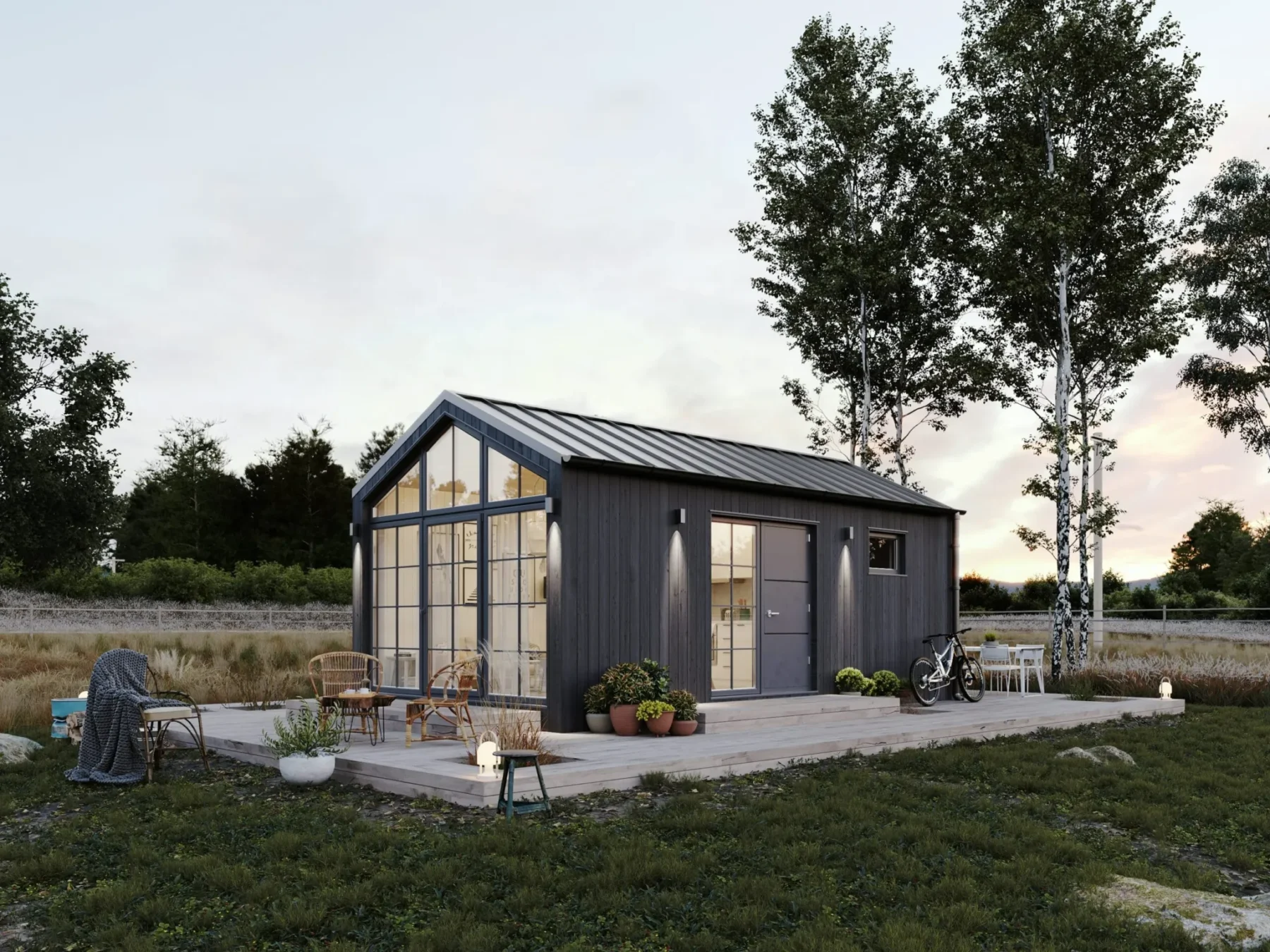 Mikrohus_Klassisk_Panorama_30.3KH_Eksteriør_grå_fasade_stående_panel_grå_ytterdør_vinduer_terrasse_store_vinduer_sprosser_platetak