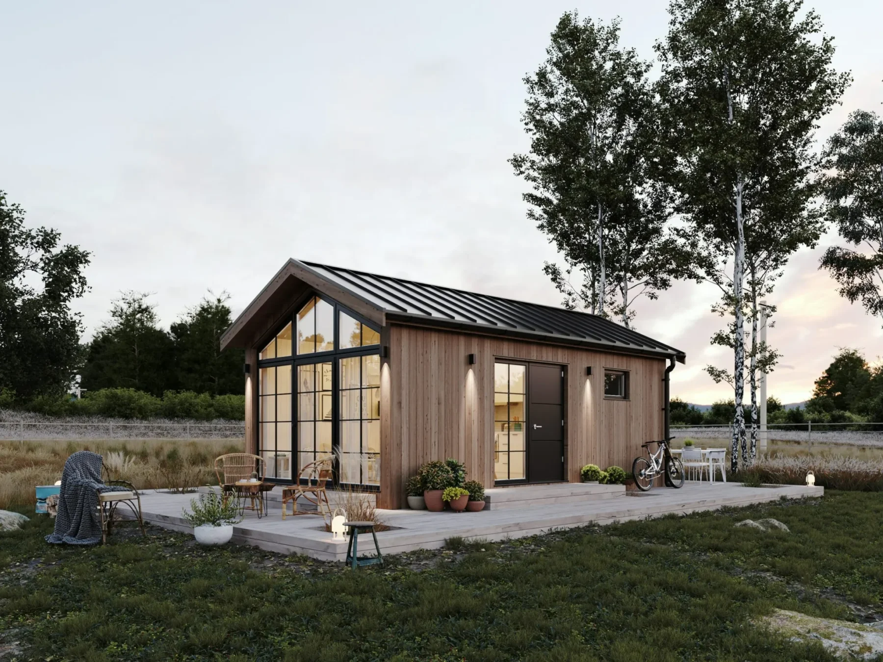 Mikrohus_Klassisk_Panorama_30.3KH_Eksteriør_Jernvitriol_fasade_stående_panel_sort_ytterdør_vinduer_terrasse_store_vinduer_sprosser_platetak