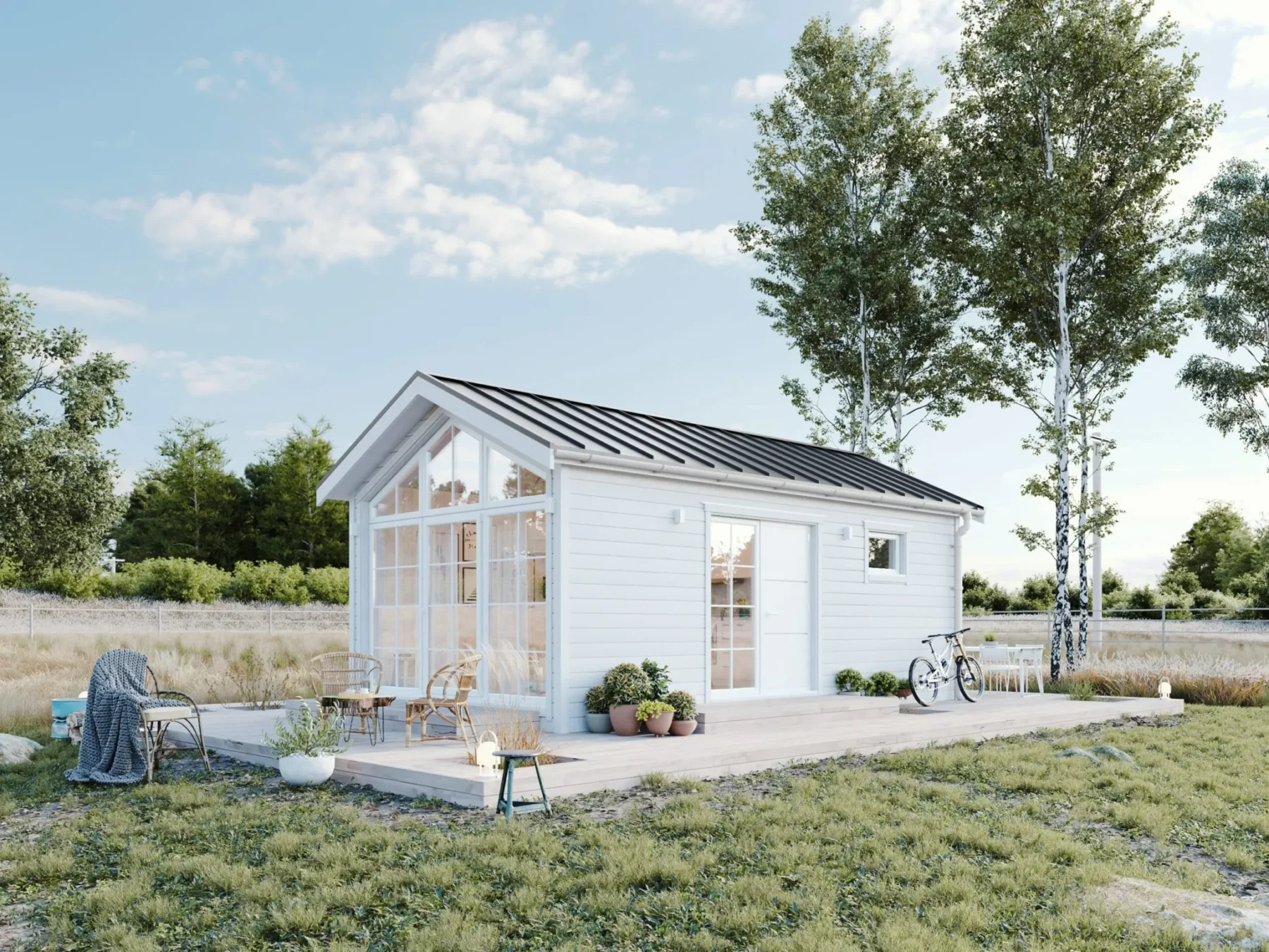 Mikrohus_Klassisk_Panorama_30.3KH_Eksteriør_hvit_fasade_stående_panel_hvit_ytterdør_vinduer_terrasse_store_vinduer_sprosser_platetak