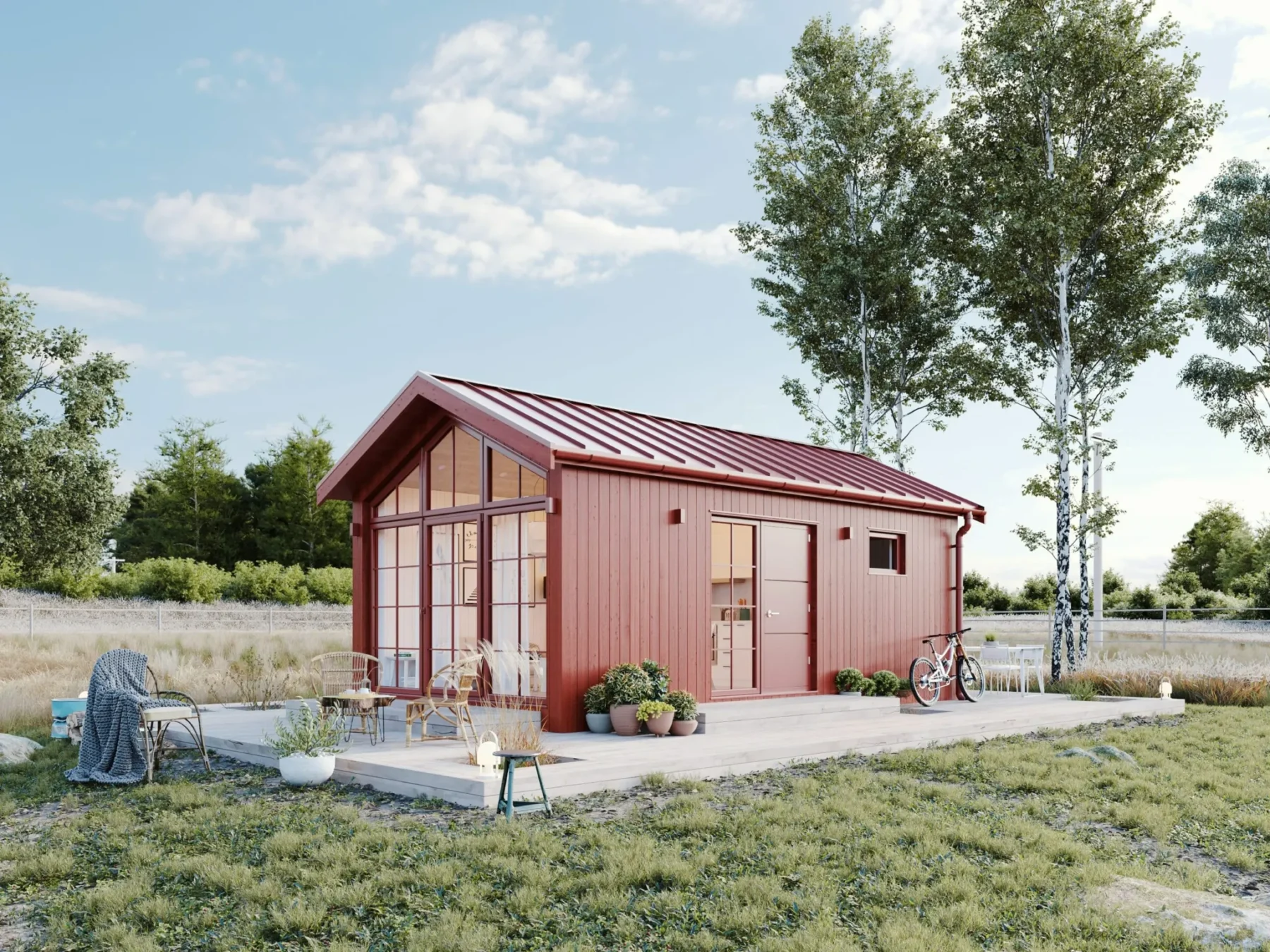 Mikrohus_Klassisk_Panorama_30.3KH_Eksteriør_rød_fasade_stående_panel_rød_ytterdør_vinduer_terrasse_store_vinduer_sprosser_platetak
