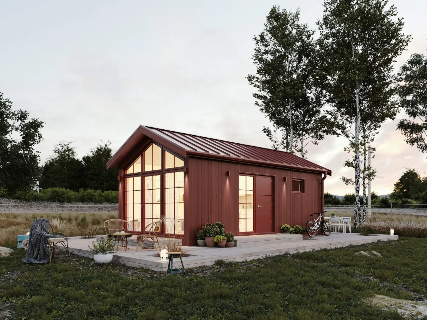 Mikrohus_Klassisk_Panorama_30.3KH_Eksteriør_rød_fasade_stående_panel_rød_ytterdør_vinduer_terrasse_store_vinduer_sprosser_platetak