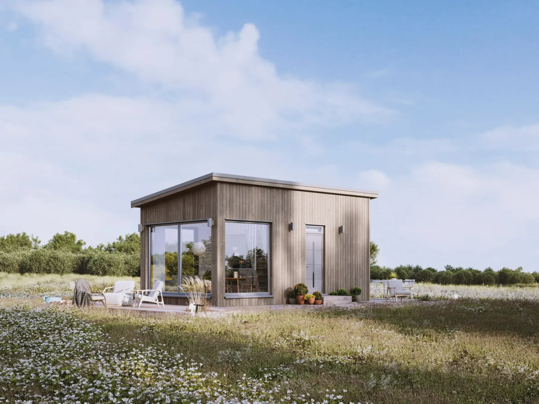 Mikrohus_Pulttak_30.5_Eksteriør_Jernvitriol_fasade_stående_panel_store_vinduer_platetak_grå_ytterdør