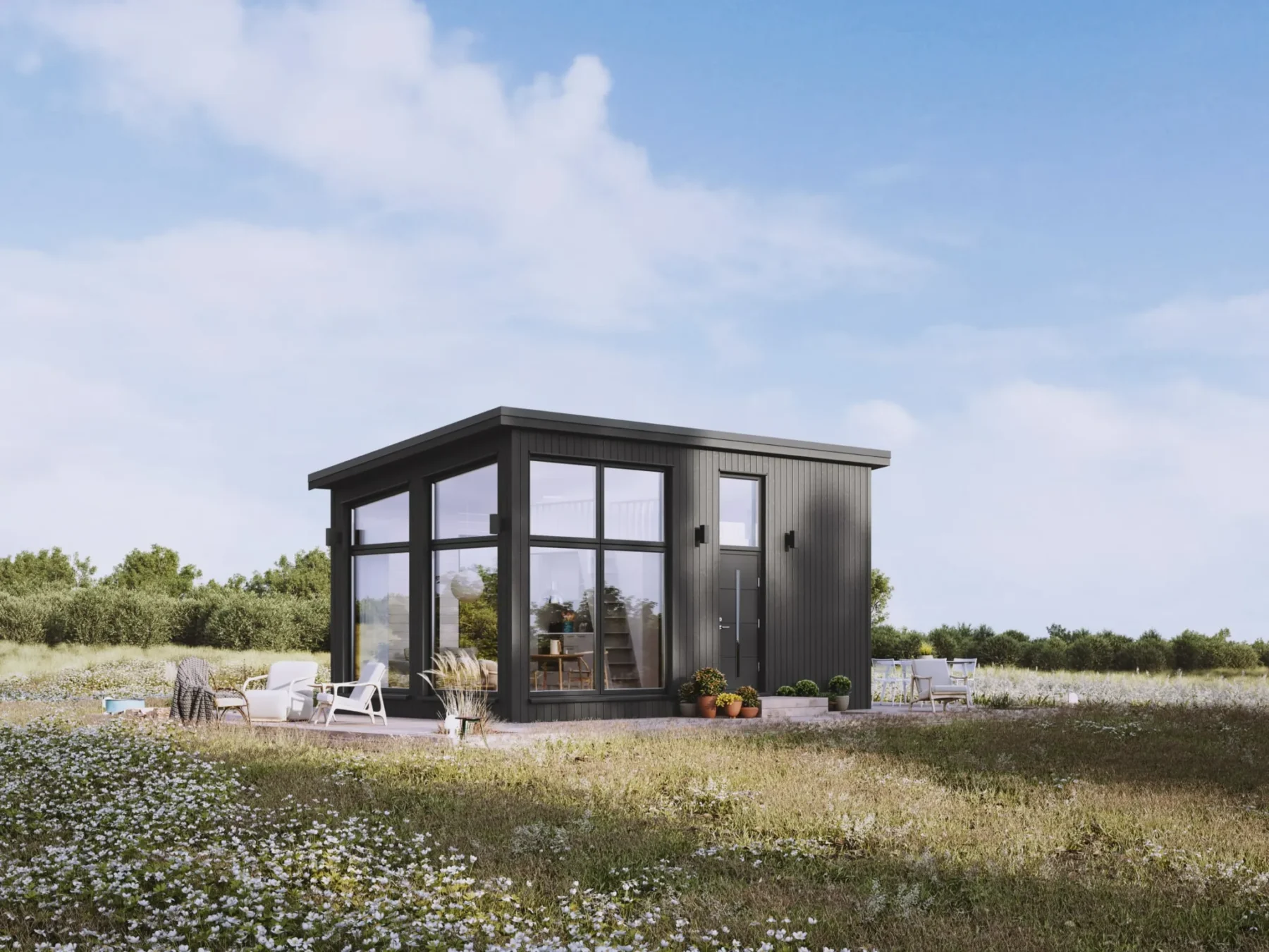 Mikrohus_Pulttak_30.5_Eksteriør_sortfasade_stående_panel_store_vinduer_sort_ytterdør