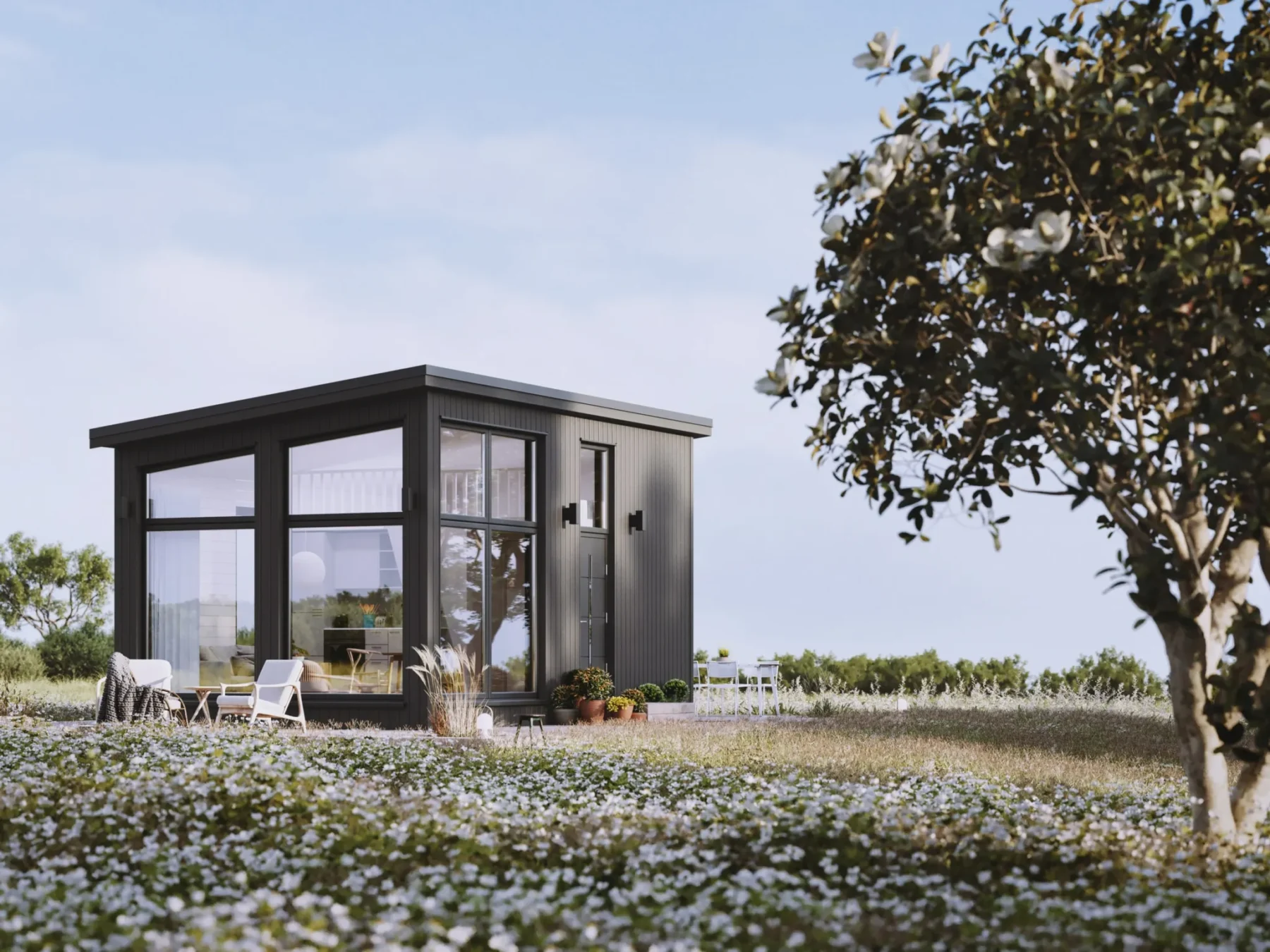 Mikrohus_Pulttak_30.5_Eksteriør_sortfasade_stående_panel_store_vinduer_sort_ytterdør