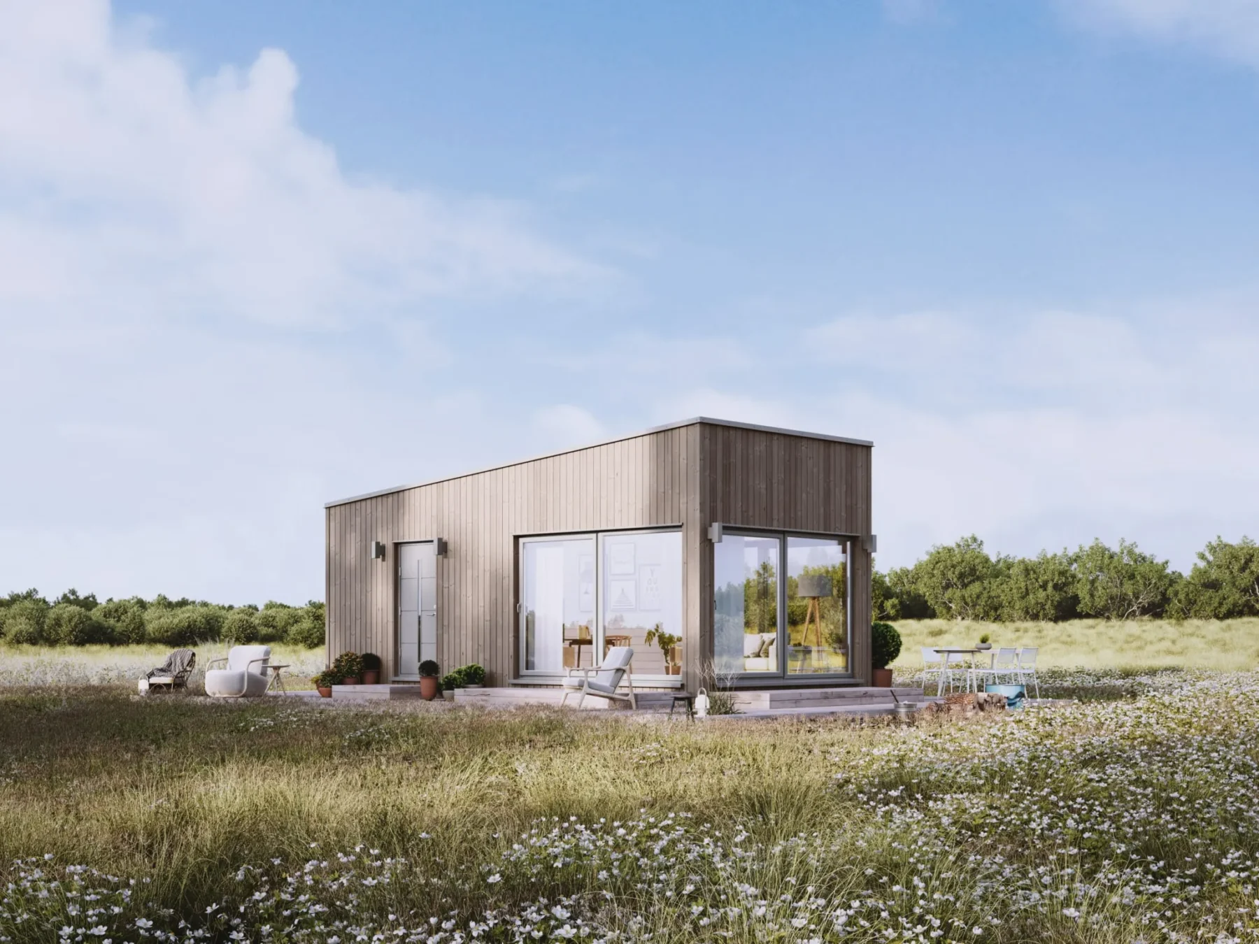 Mikrohus_Pulttak_uten_hems_30.1_Eksteriør_Jernvitriol_fasade_stående_panel_grå_ytterdør_vinduer_veranda