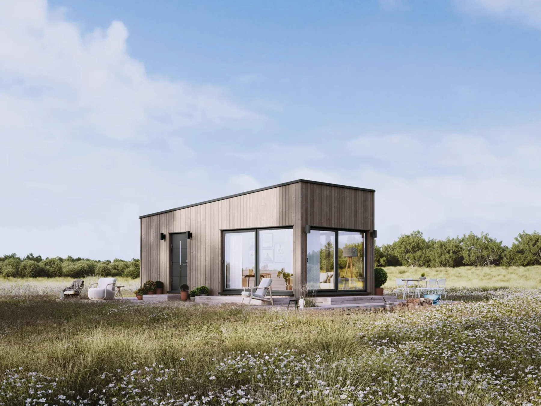 Mikrohus_Pulttak_uten_hems_30.1_Eksteriør_Jernvitriol_fasade_stående_panel_sort_ytterdør_vinduer_veranda