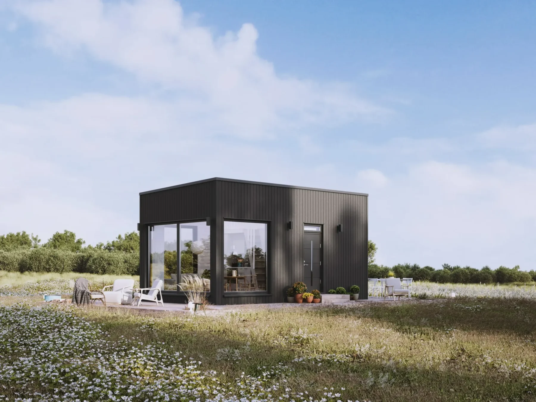 Mikrohus_Rak_30.5_Eksteriør_sort_fasade_stående_panel_sort_ytterdør_vinduer_terrasse_store_vinduer