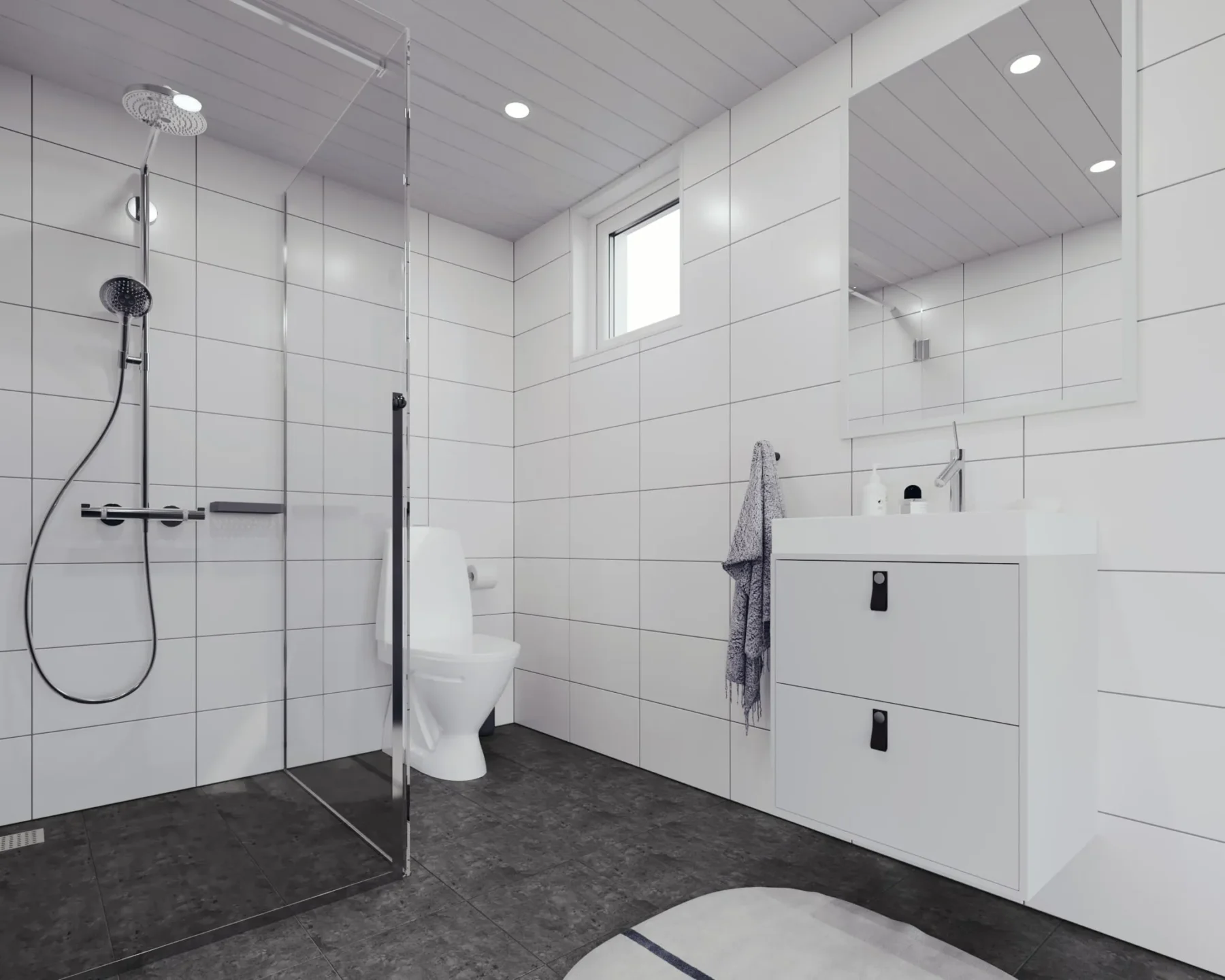 Mikrohus_Rak_R5_Interiør_Bad_dusj_glass_wc_toalett_sort_fliser_hvite_fliser_spotlights