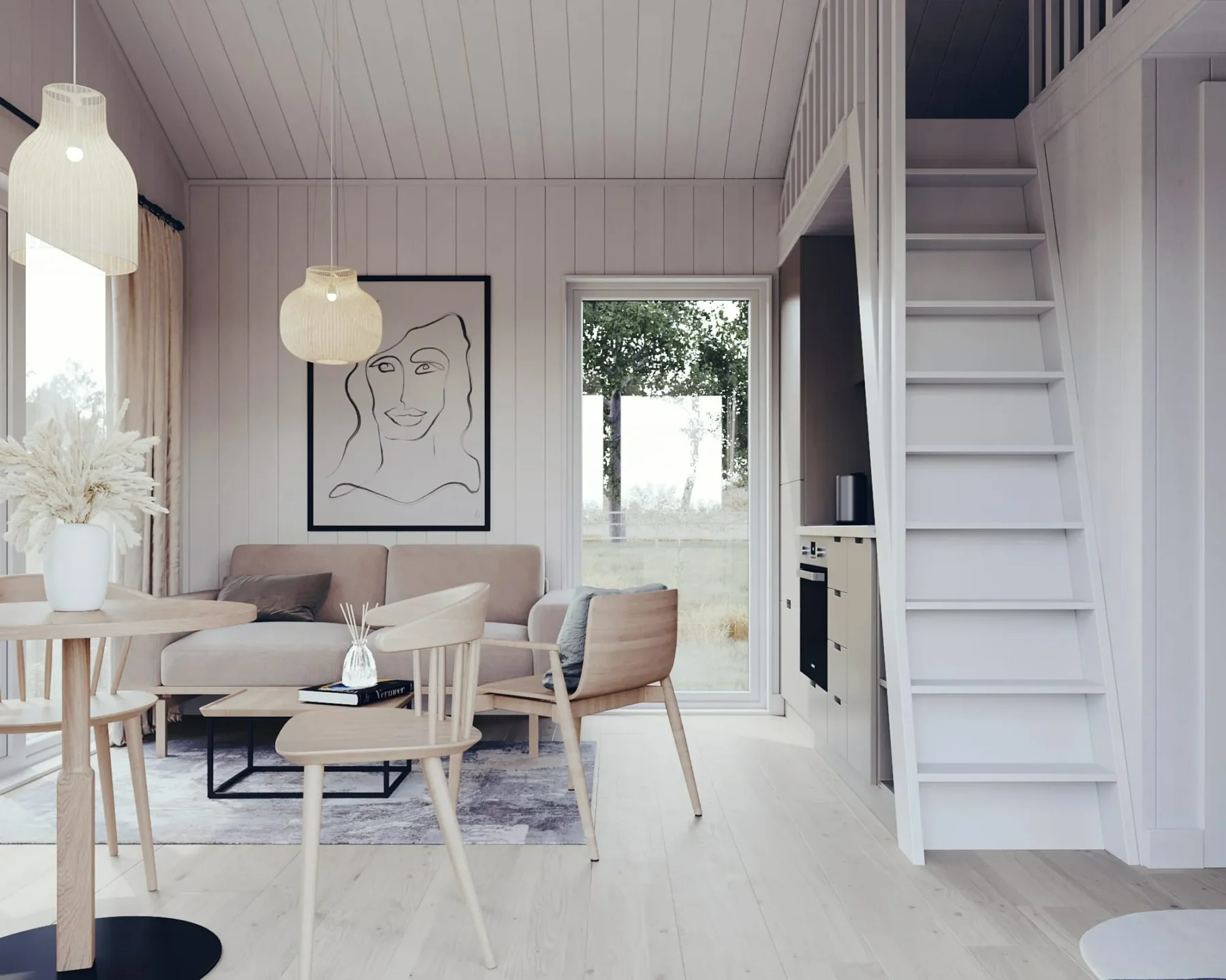 Mikrohus_Rak_R5_Interiør_kjøkken_stue_trapp_hems_parkett