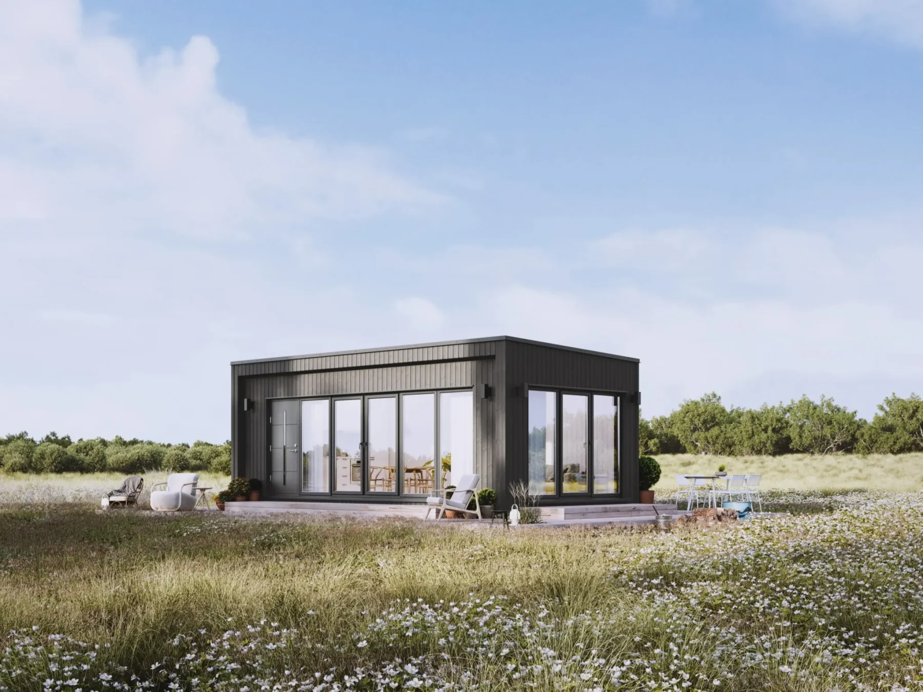 Microhus_Rak_uten_loft_30.1_Eksteriør_sort_fasade_stående_panel_terrasse_store_vinduer_glassdører