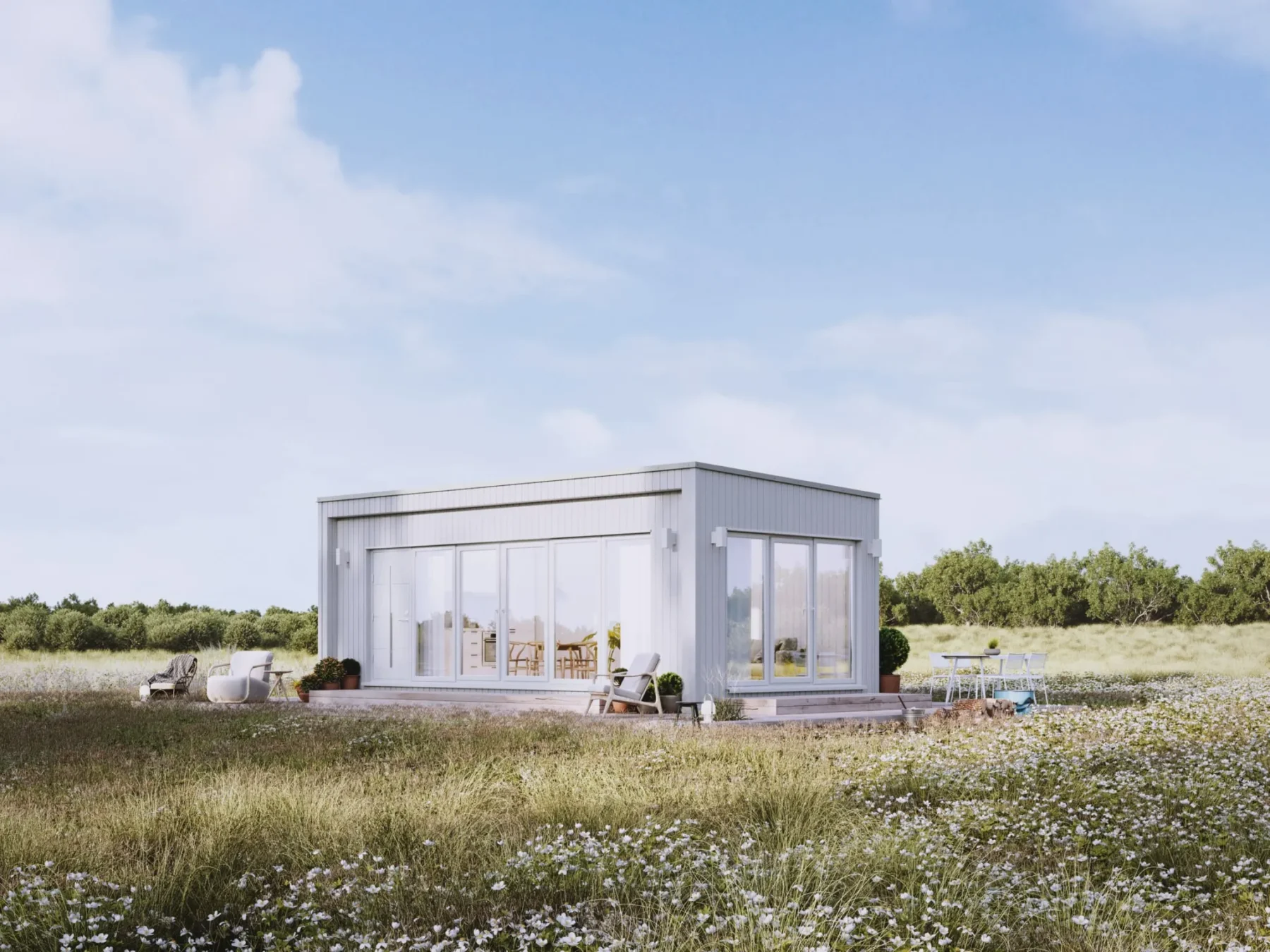 Microhus_Rak_uten_loft_30.1_Eksteriør_hvit_fasade_stående_panel_terrasse_store_vinduer_glassdører