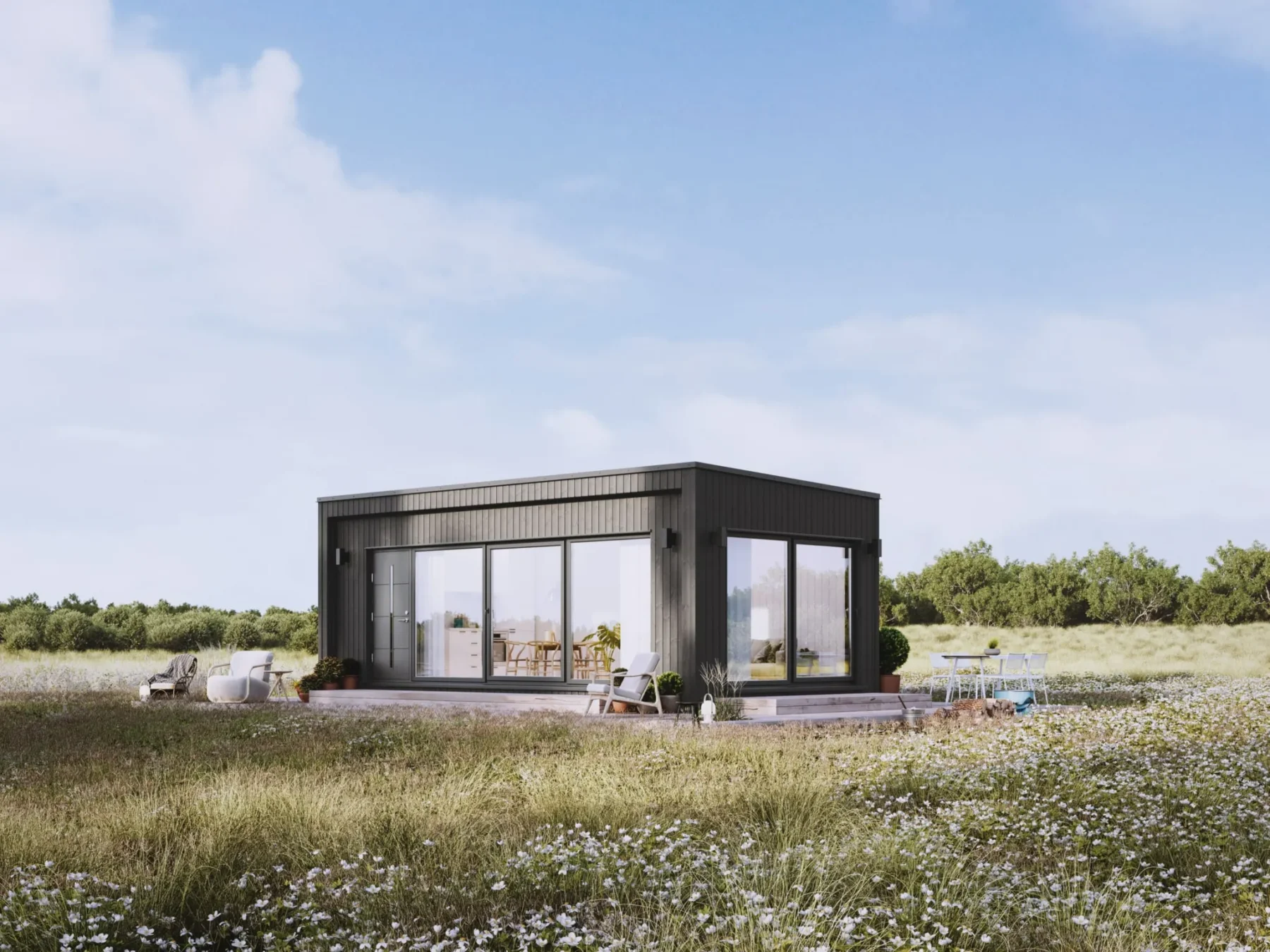 Mikrohus__Rett_uten_hems_eksteriør_sort_fasade_stående_panel_veranda_store vinduer_skyvedører