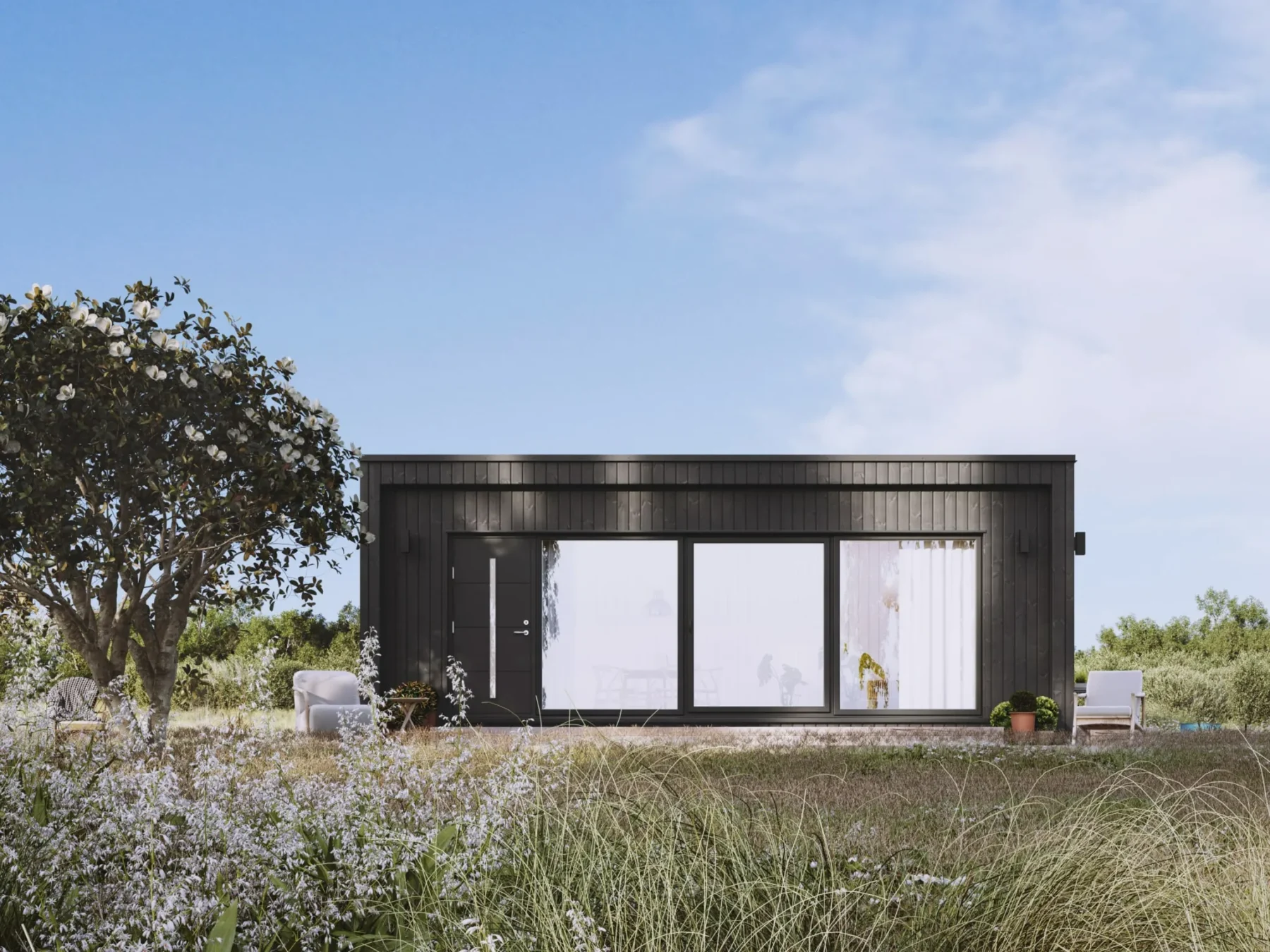 Mikrohus__Rett_uten_hems_eksteriør_sort_fasade_stående_panel_veranda_store vinduer_skyvedører