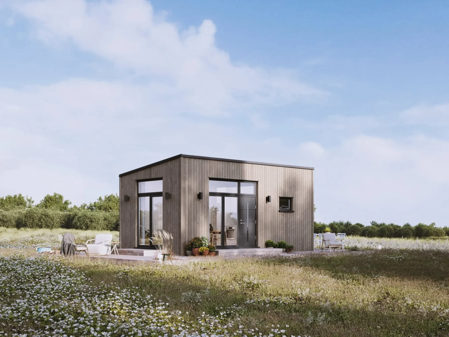 Microhus_Pulpet_30.3PP_Jernvitriol_fasade_stående_panel_uten takutstikk_svarte_vinduer_ytterdør_terrasse