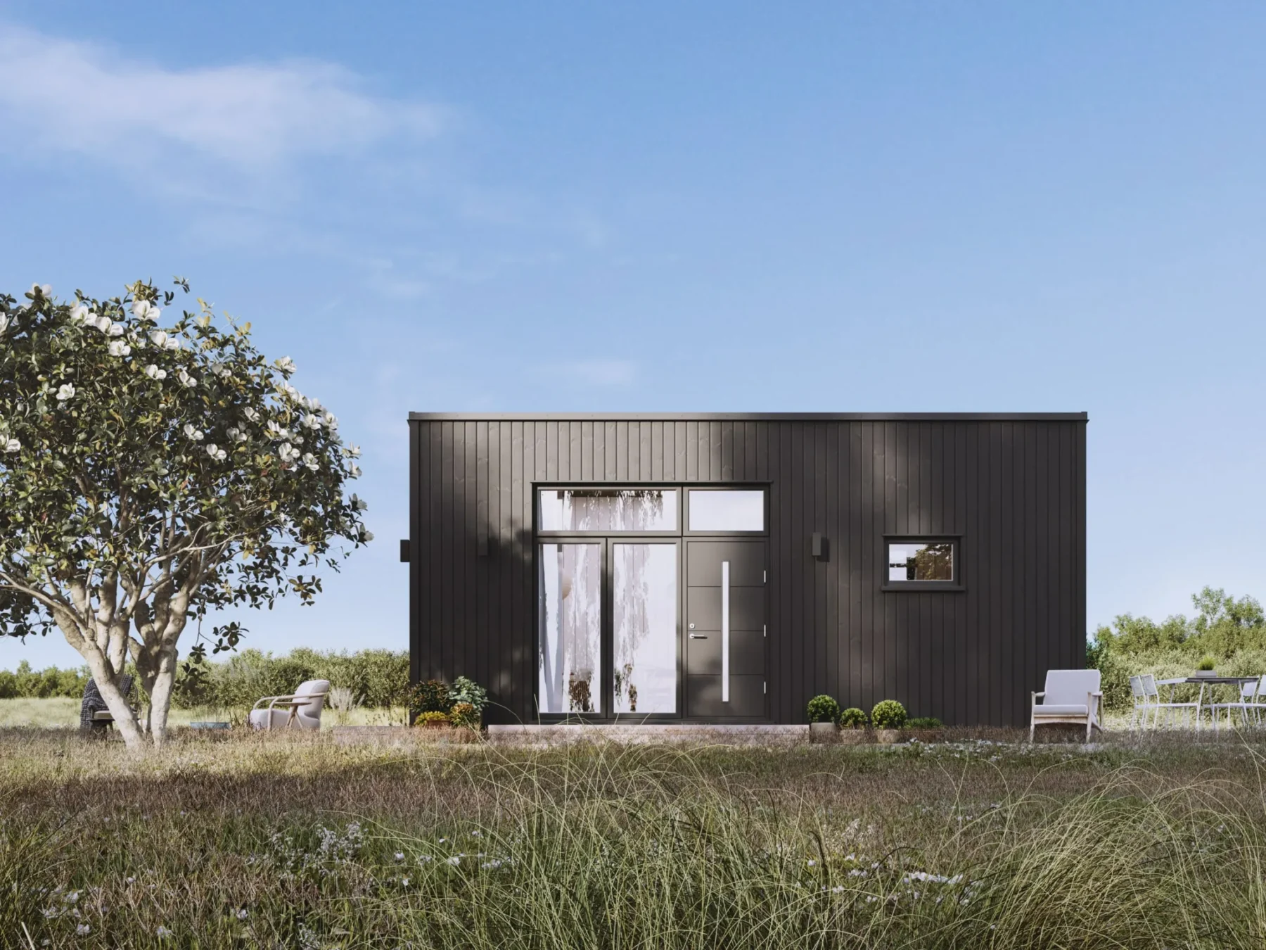 Microhus_Pulpet_30.3PP_sort_fasade_stående_panel_uten takutstikk_svarte_vinduer_ytterdør_entré